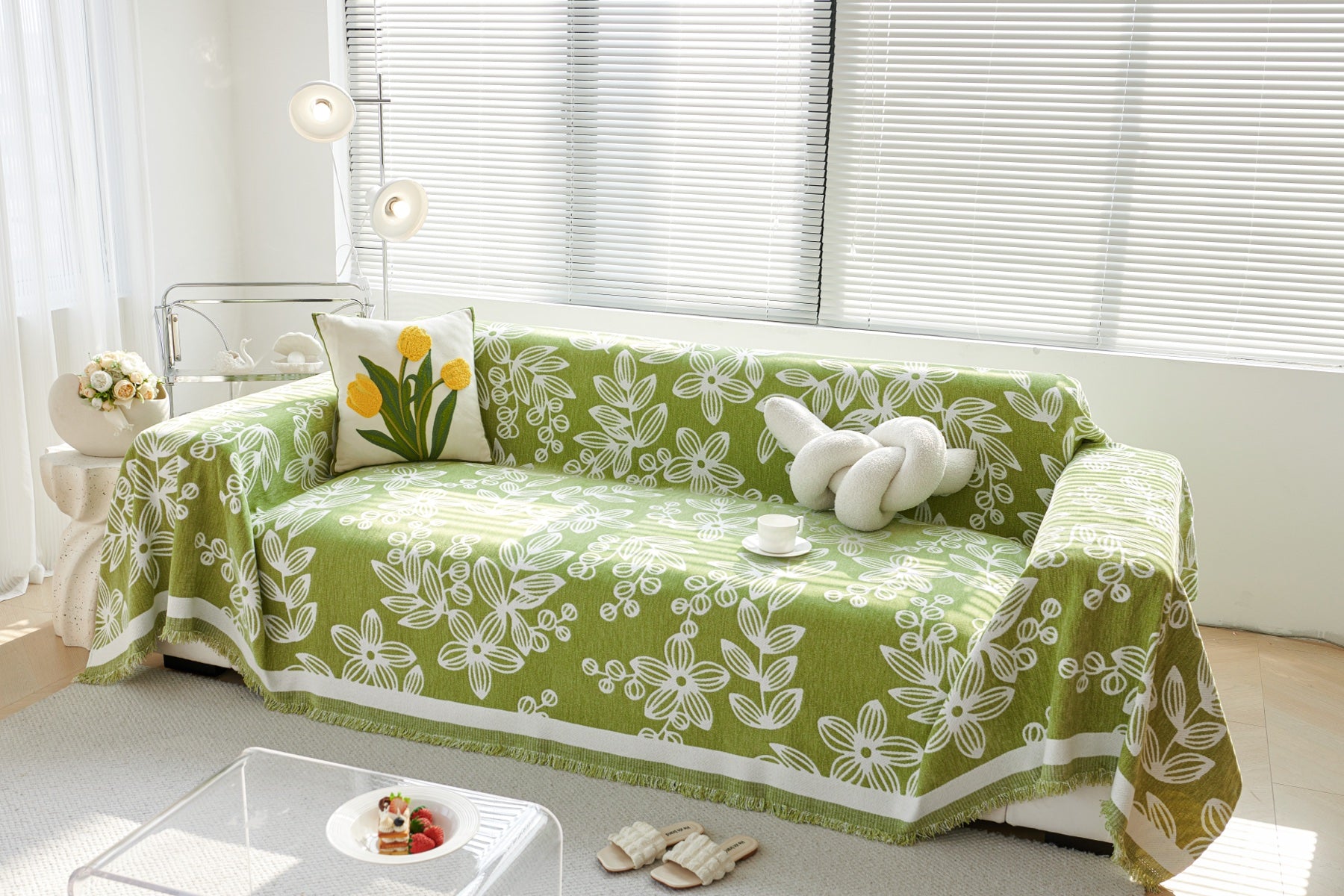 Sofa Decor Celia Floral Vine Fringe Sofa Throw Cover in Apple Green - floral vine sofa throw cover full sofa styling in Australia, image 32
