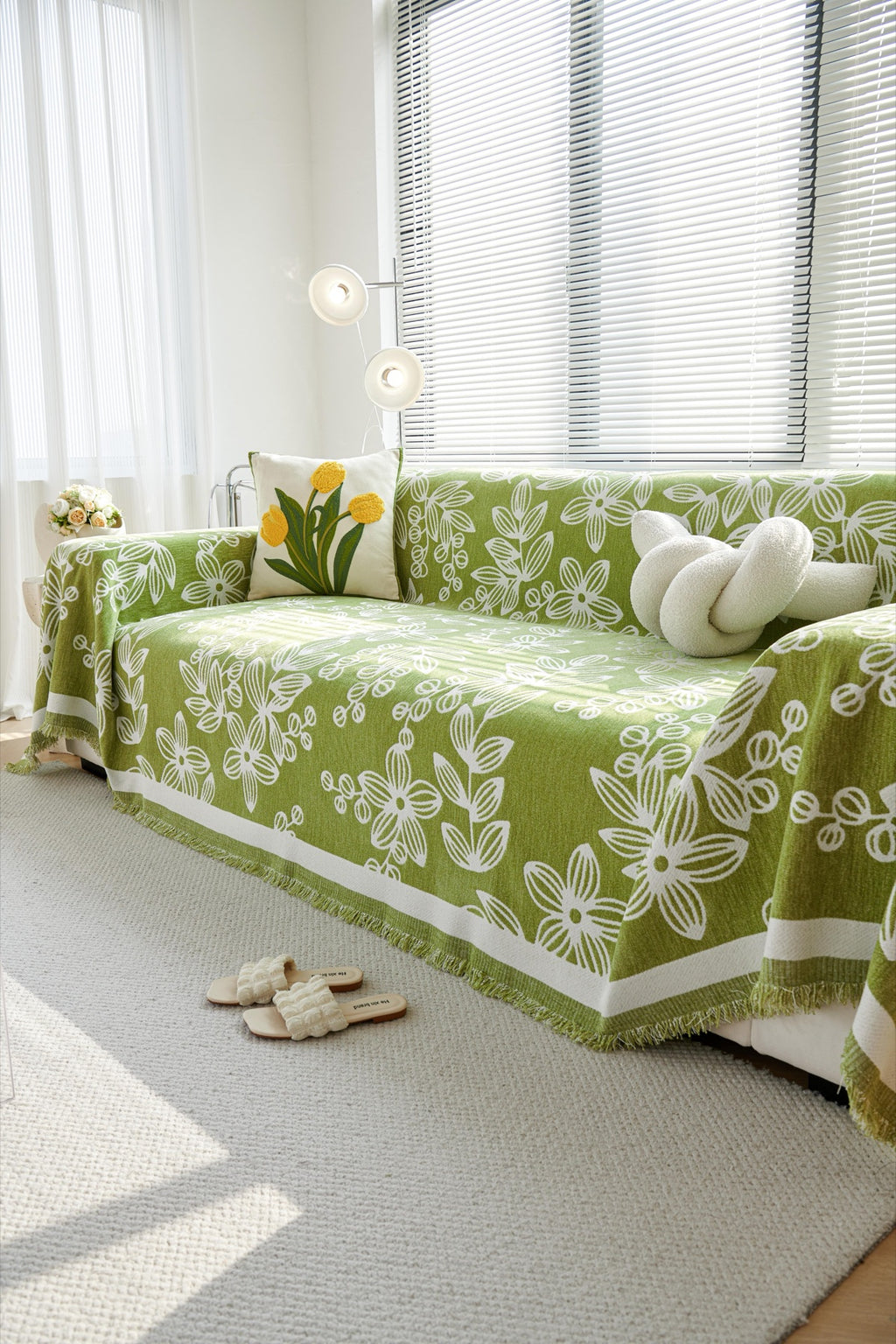 Sofa Decor Celia Floral Vine Fringe Sofa Throw Cover in Apple Green - floral vine sofa throw cover styled couch cover in Australia, image 33