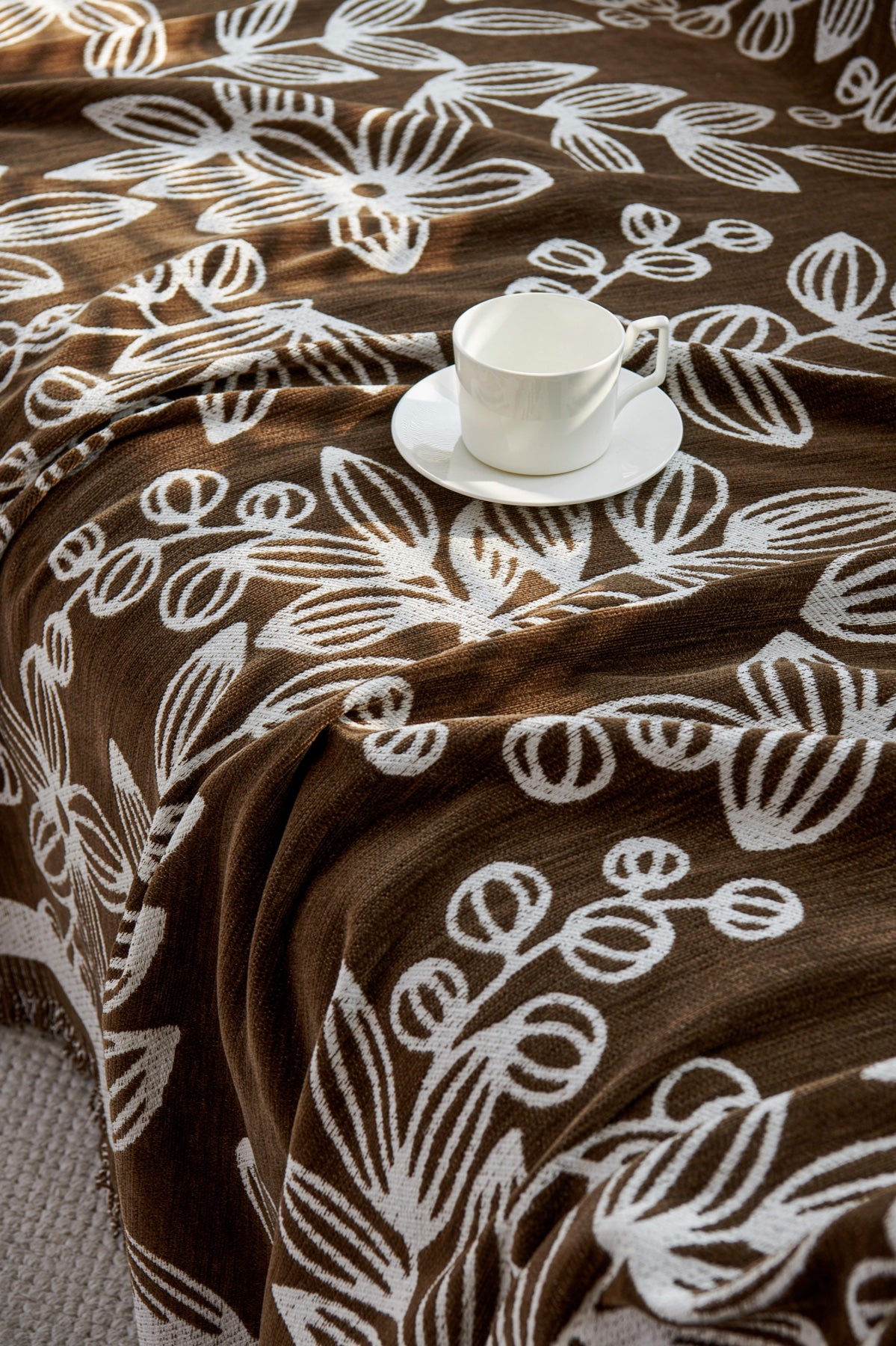 Sofa Decor Celia Floral Vine Fringe Sofa Throw Cover in Cocoa Vine - floral vine sofa throw cover fabric and edge detail in Australia, image 1