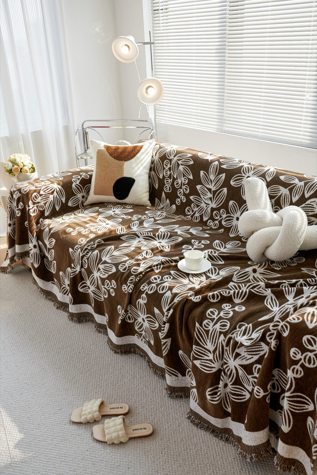 Sofa Decor Celia Floral Vine Fringe Sofa Throw Cover in Cocoa Vine - floral vine sofa throw cover styled couch cover in Australia, image 2