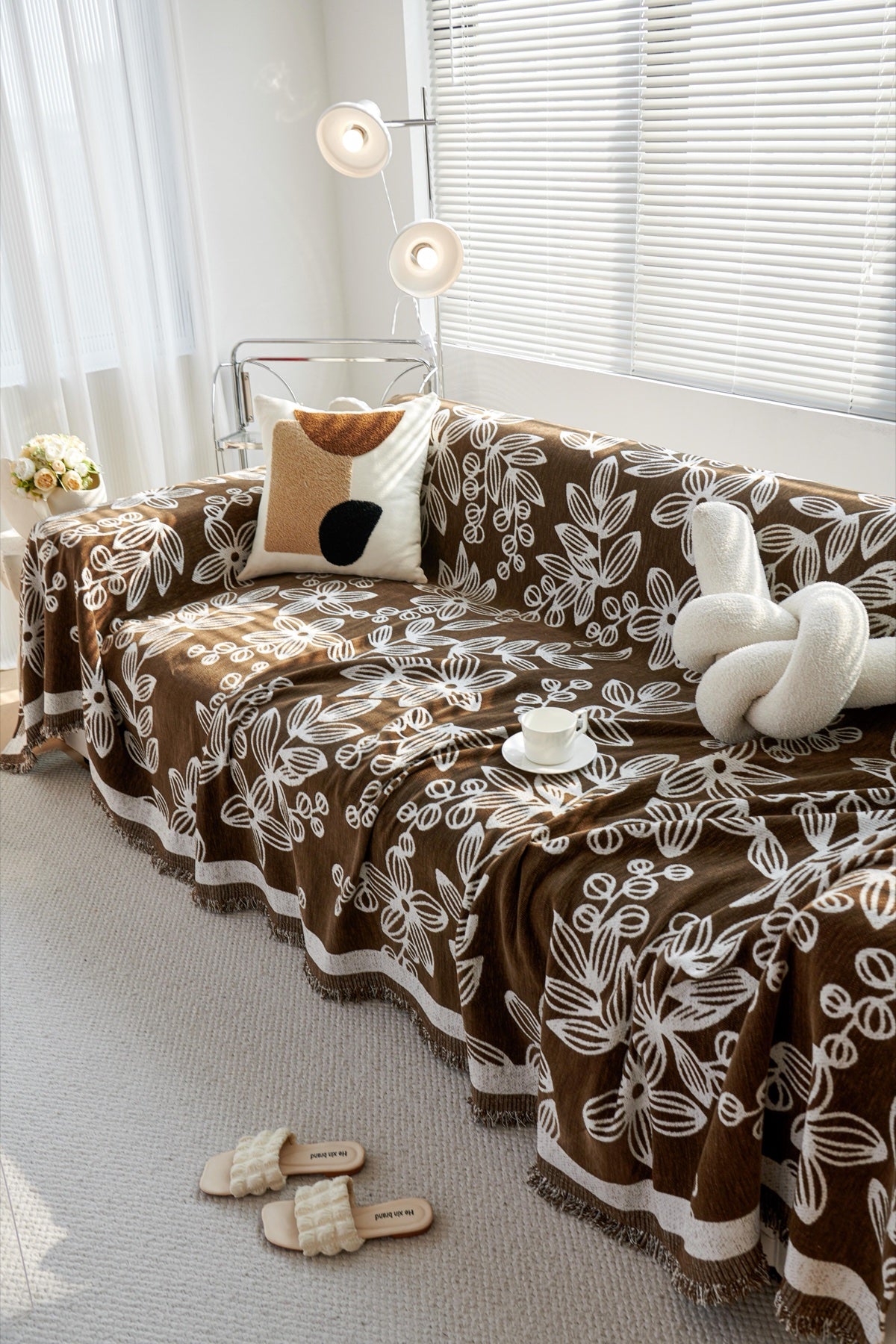 Sofa Decor Celia Floral Vine Fringe Sofa Throw Cover in Cocoa Vine - floral vine sofa throw cover styled couch cover in Australia, image 2