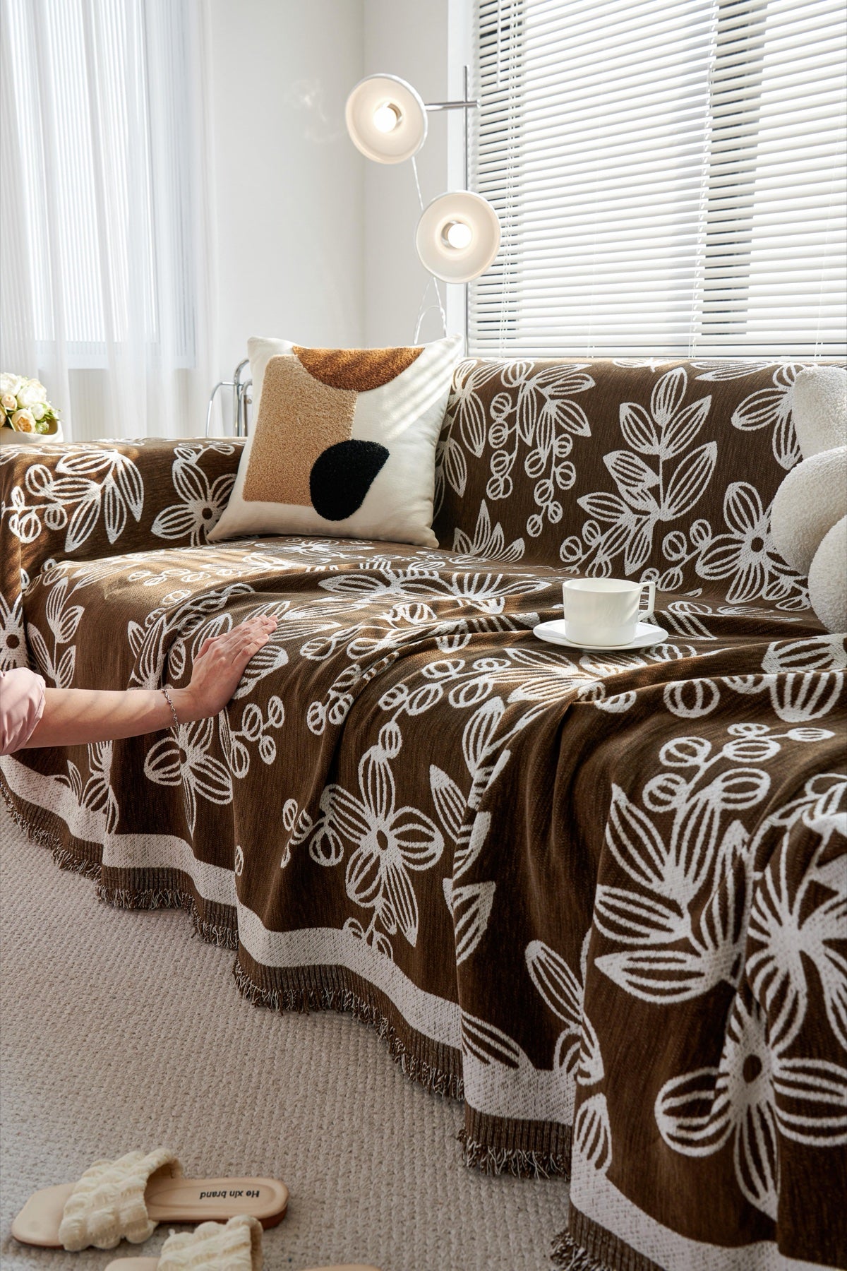 Sofa Decor Celia Floral Vine Fringe Sofa Throw Cover in Cocoa Vine - floral vine sofa throw cover styled couch cover in Australia, image 3