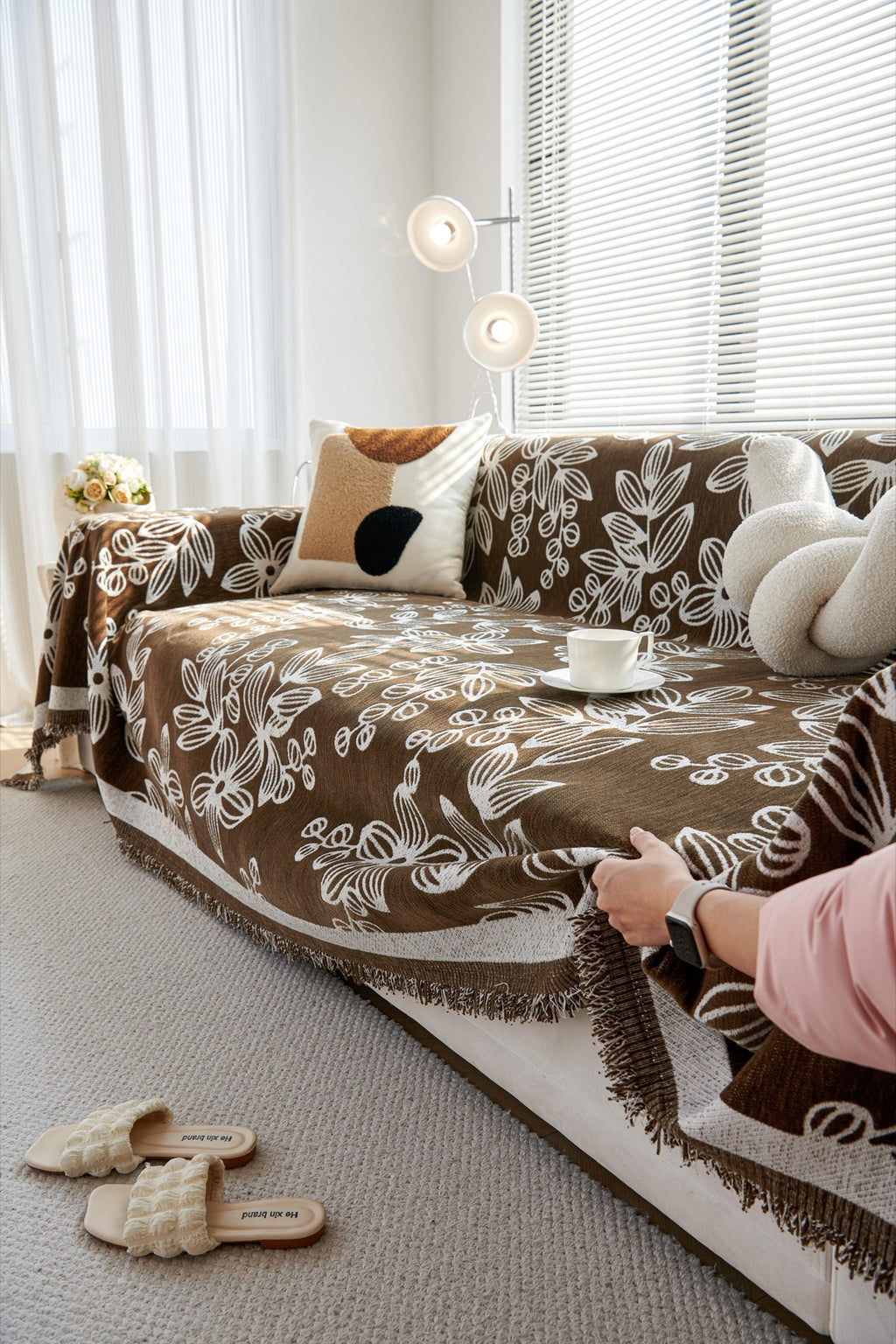 Sofa Decor Celia Floral Vine Fringe Sofa Throw Cover in Cocoa Vine - floral vine sofa throw cover styled couch cover in Australia, image 4