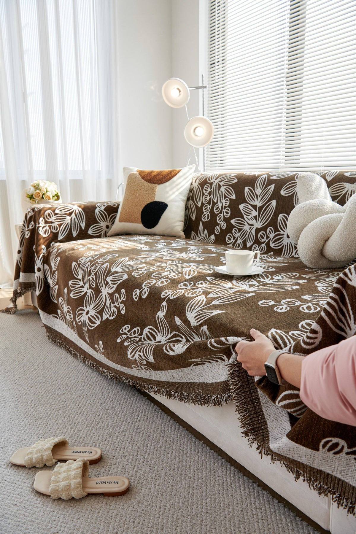 Sofa Decor Celia Floral Vine Fringe Sofa Throw Cover in Cocoa Vine - floral vine sofa throw cover styled couch cover in Australia, image 4