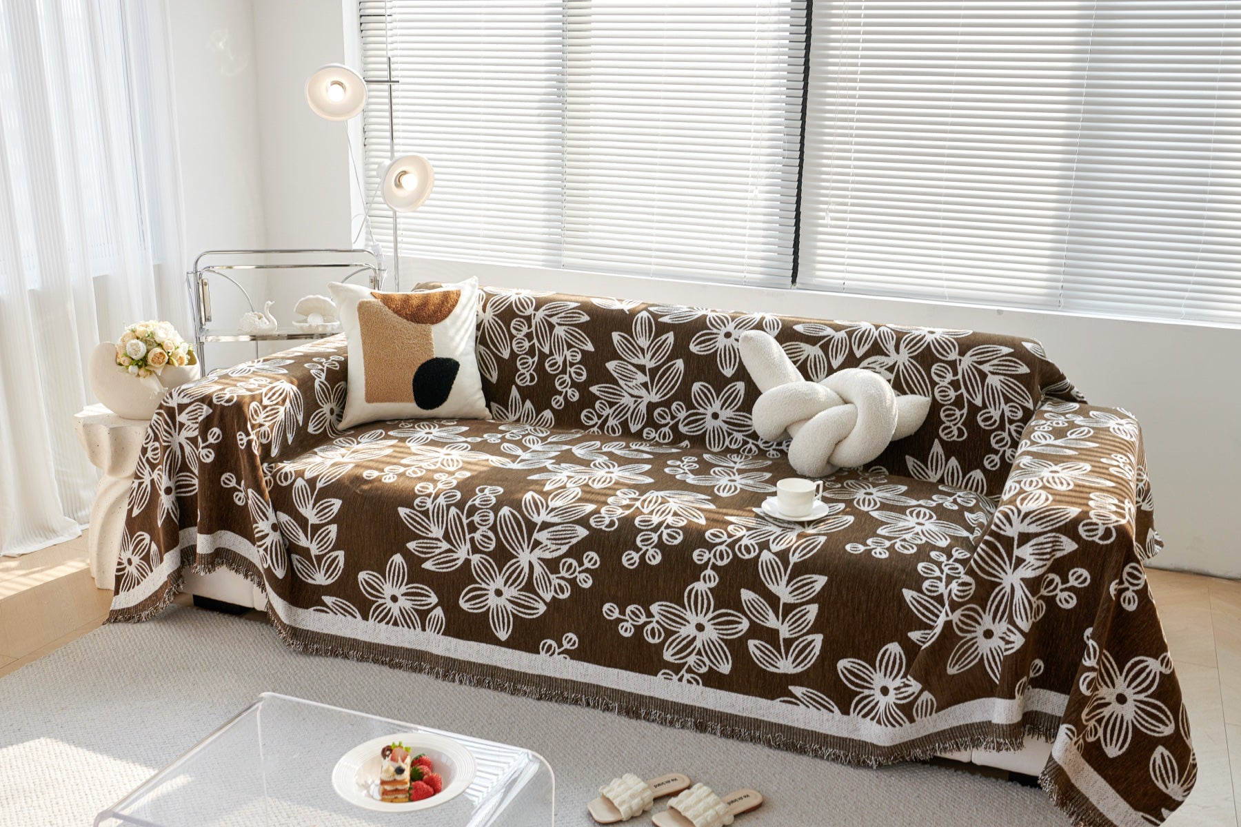 Sofa Decor Celia Floral Vine Fringe Sofa Throw Cover in Cocoa Vine - floral vine sofa throw cover styled couch cover in Australia, image 5
