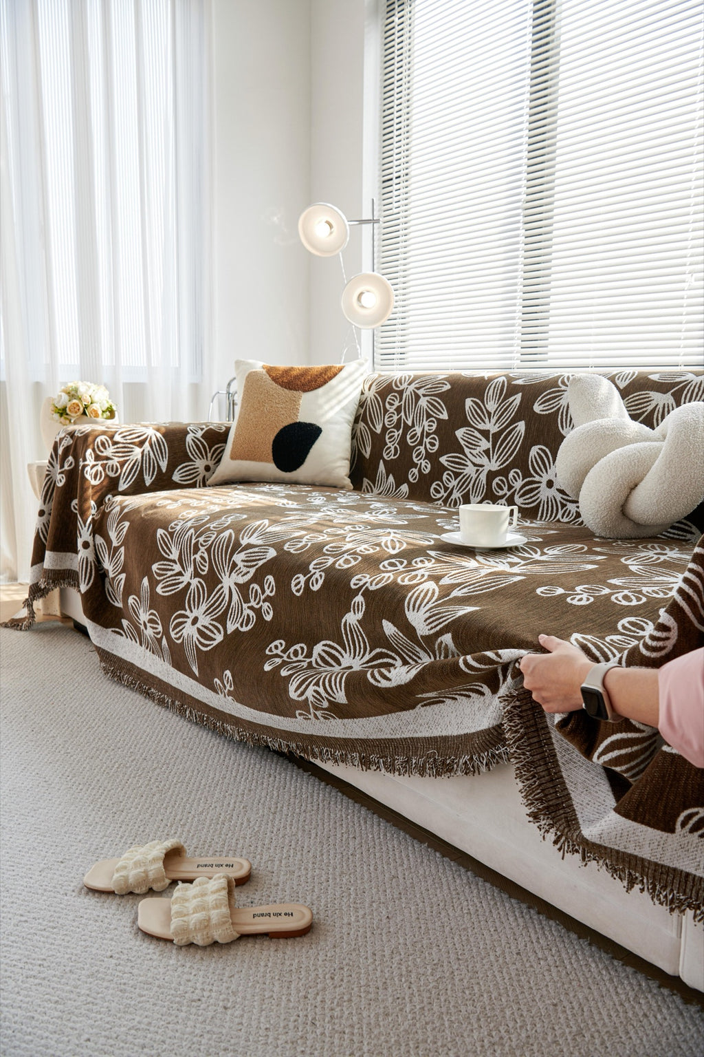 Sofa Decor Celia Floral Vine Fringe Sofa Throw Cover in Cocoa Vine - floral vine sofa throw cover styled couch cover in Australia, image 6