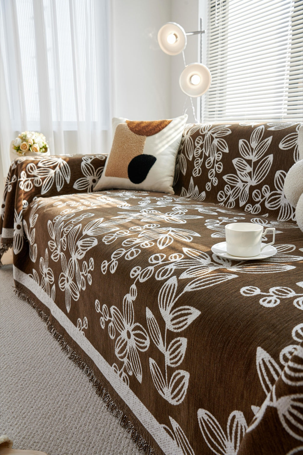 Sofa Decor Celia Floral Vine Fringe Sofa Throw Cover in Cocoa Vine - floral vine sofa throw cover styled couch cover in Australia, image 7