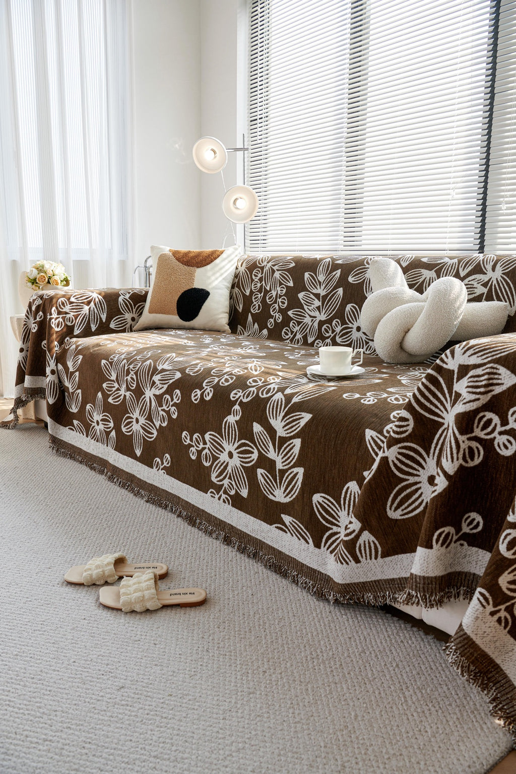 Sofa Decor Celia Floral Vine Fringe Sofa Throw Cover in Cocoa Vine - floral vine sofa throw cover styled couch cover in Australia, image 8