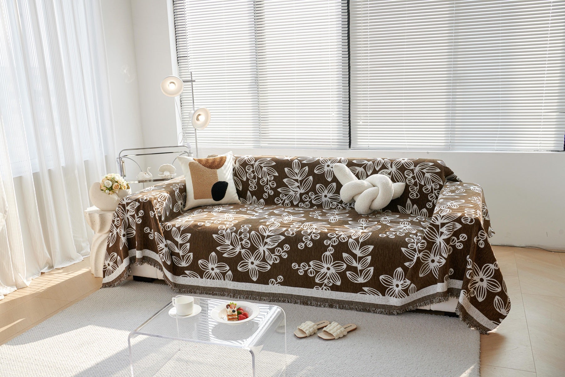 Sofa Decor Celia Floral Vine Fringe Sofa Throw Cover in Cocoa Vine - floral vine sofa throw cover styled couch cover in Australia, image 11