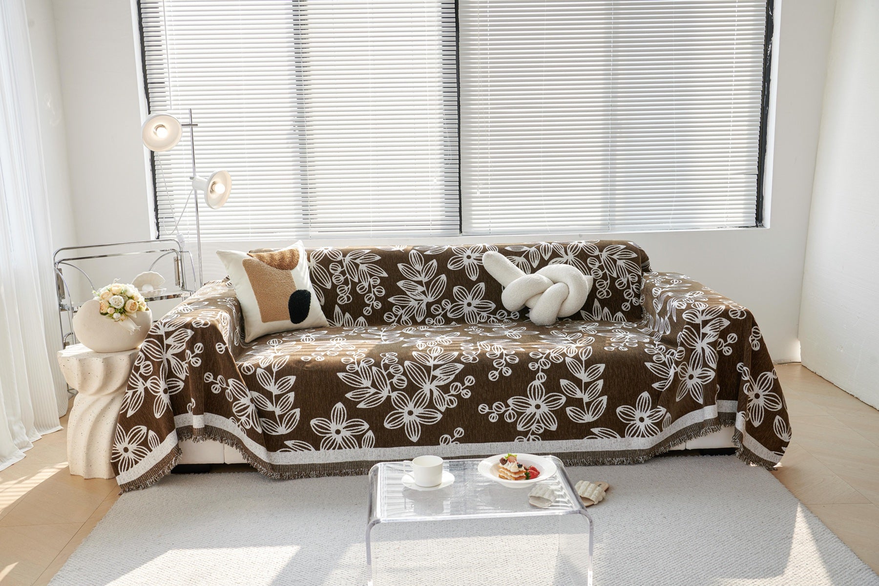 Sofa Decor Celia Floral Vine Fringe Sofa Throw Cover in Cocoa Vine - floral vine sofa throw cover styled couch cover in Australia, image 12