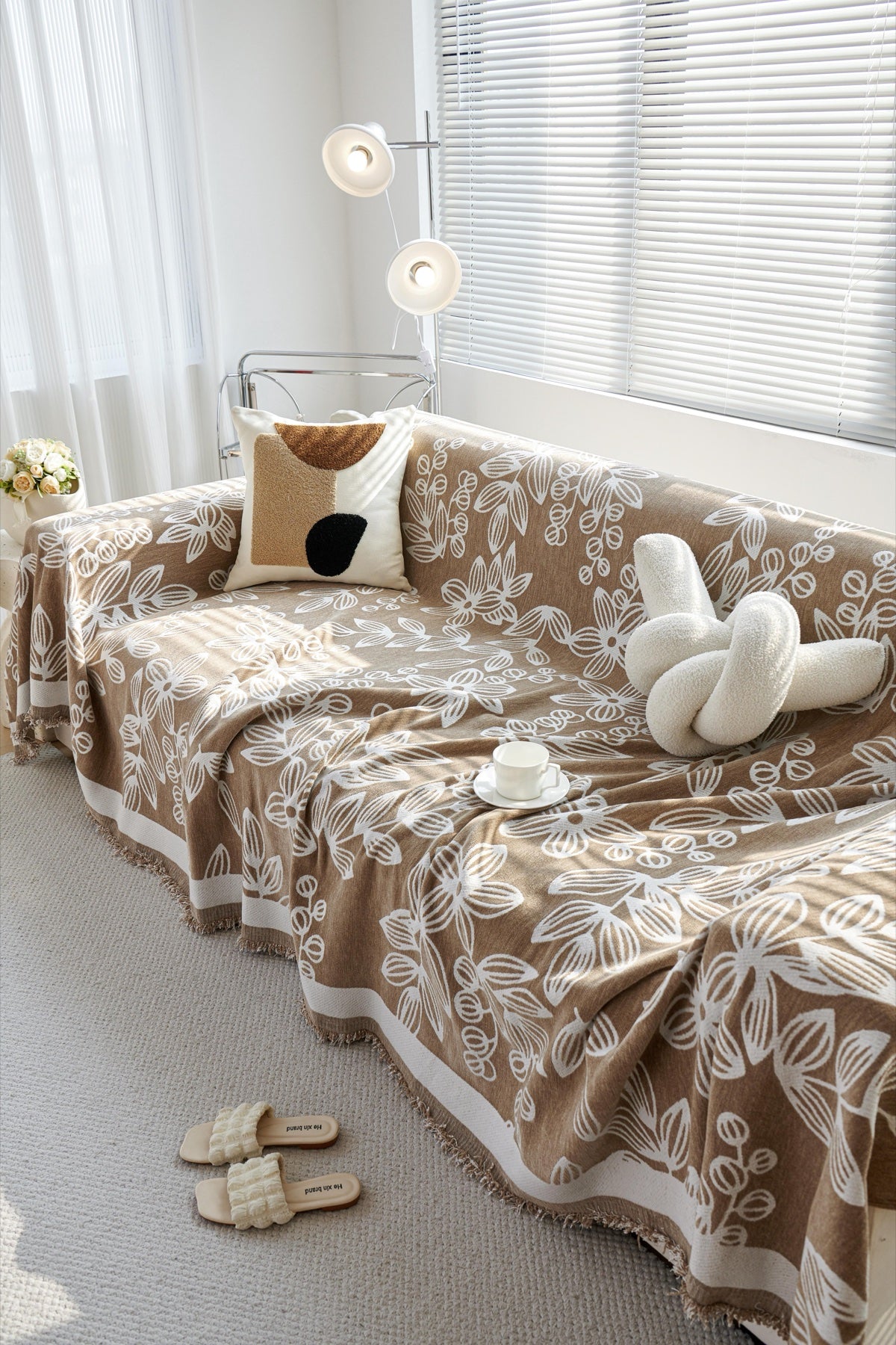 Sofa Decor Celia Floral Vine Fringe Sofa Throw Cover in Cocoa Vine - floral vine sofa throw cover styled couch cover in Australia, image 18