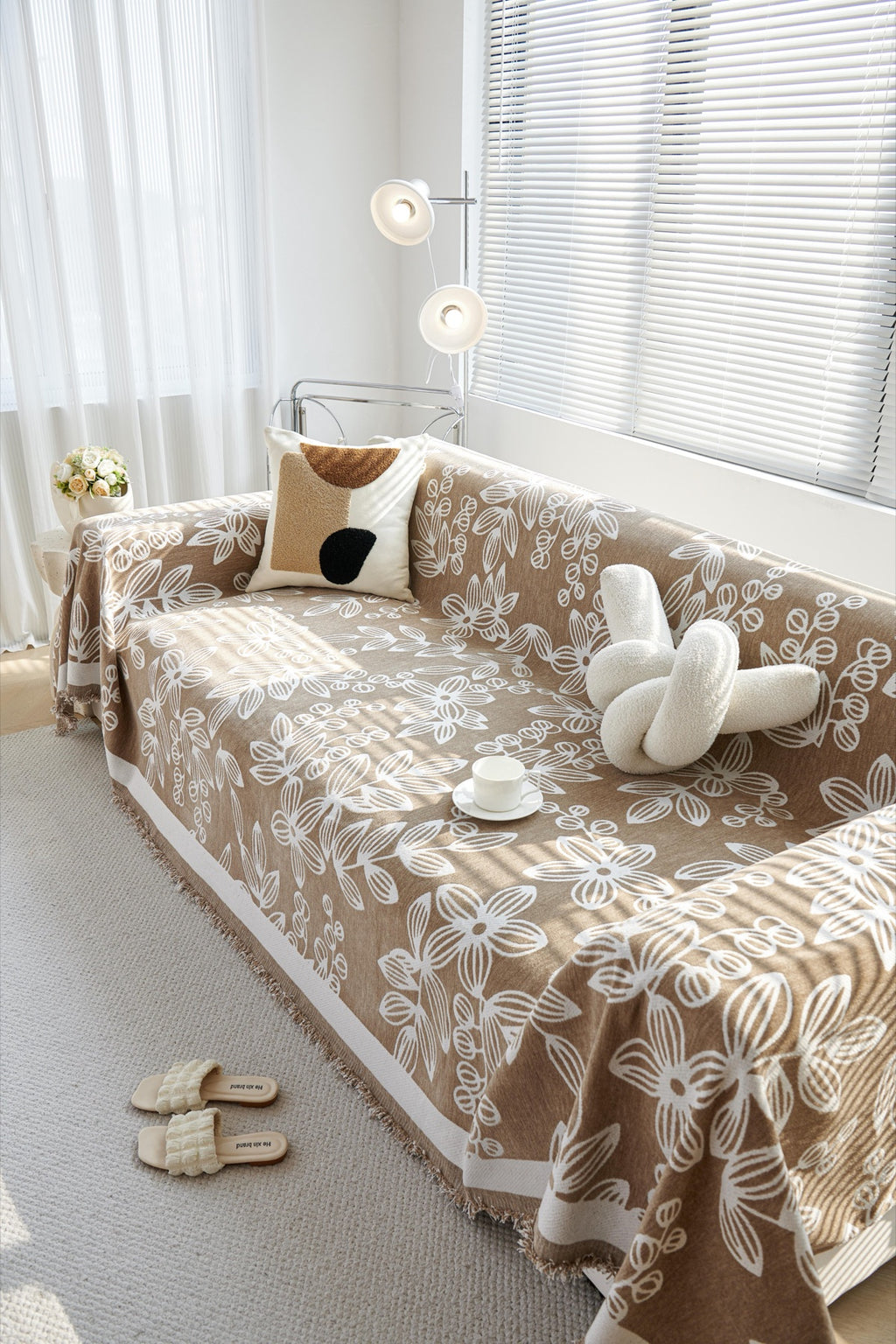Sofa Decor Celia Floral Vine Fringe Sofa Throw Cover in Cocoa Vine - floral vine sofa throw cover styled couch cover in Australia, image 21