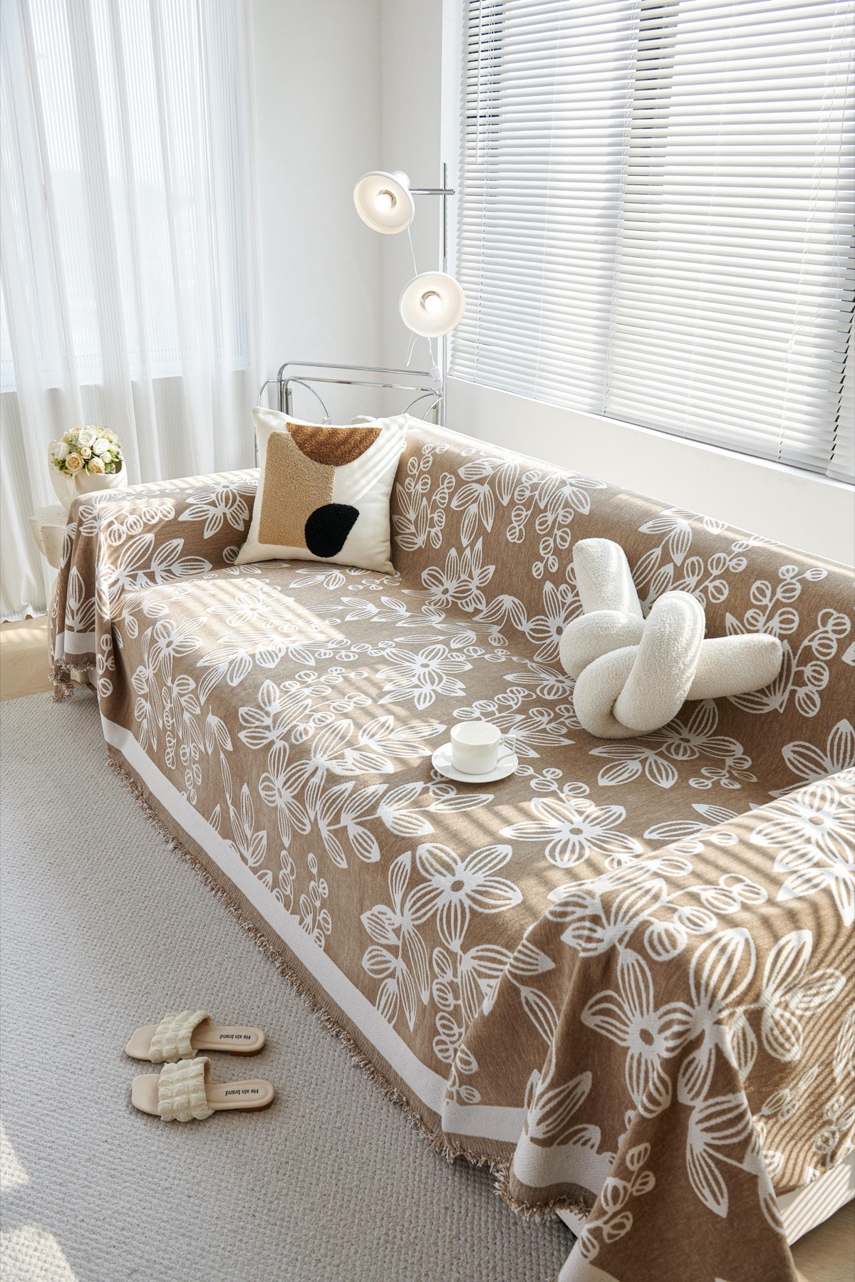 Sofa Decor Celia Floral Vine Fringe Sofa Throw Cover in Cocoa Vine - floral vine sofa throw cover styled couch cover in Australia, image 21
