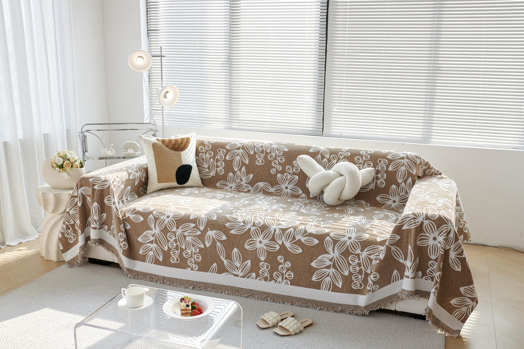 Sofa Decor Celia Floral Vine Fringe Sofa Throw Cover in Cocoa Vine - floral vine sofa throw cover styled couch cover in Australia, image 22