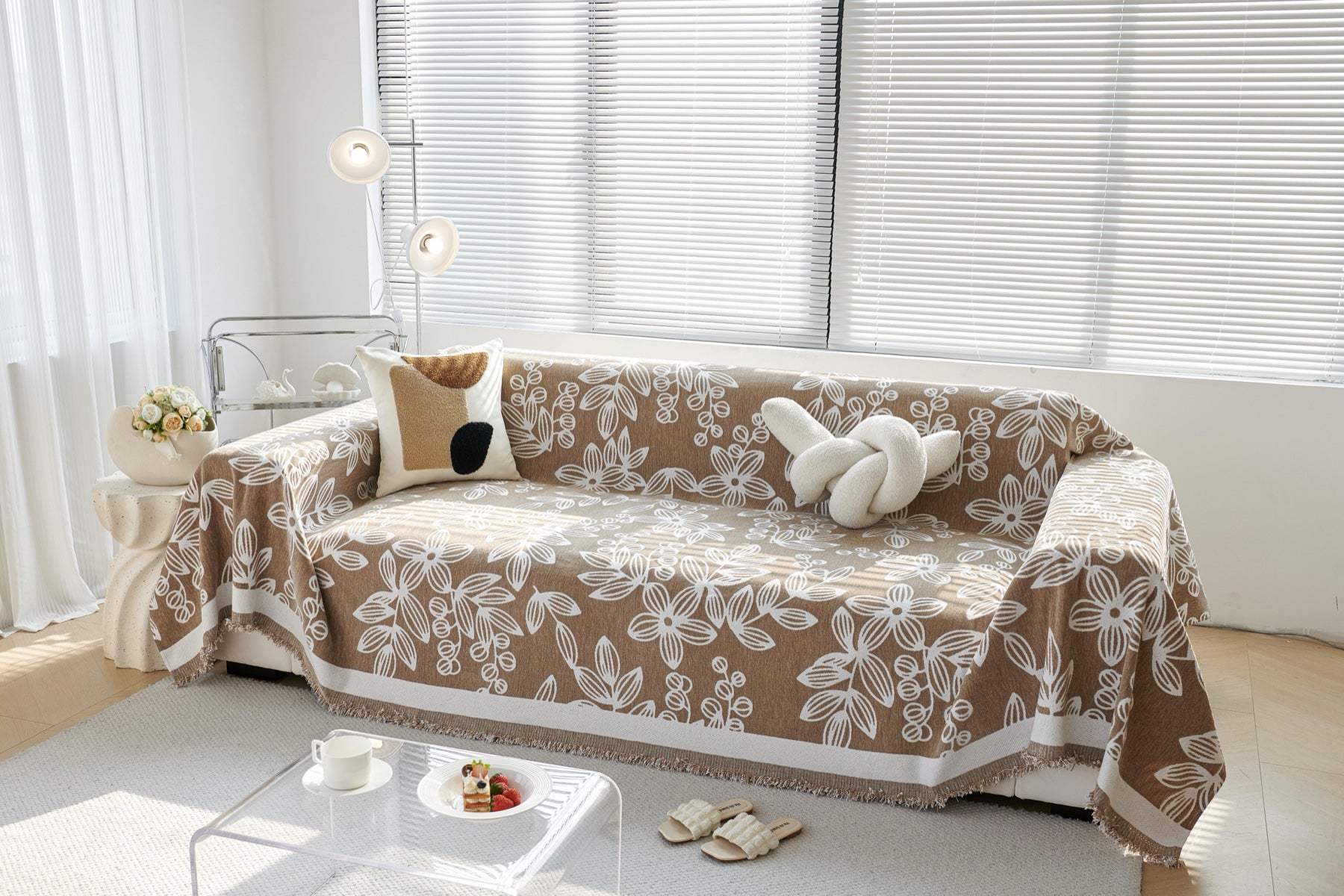 Sofa Decor Celia Floral Vine Fringe Sofa Throw Cover in Cocoa Vine - floral vine sofa throw cover styled couch cover in Australia, image 22