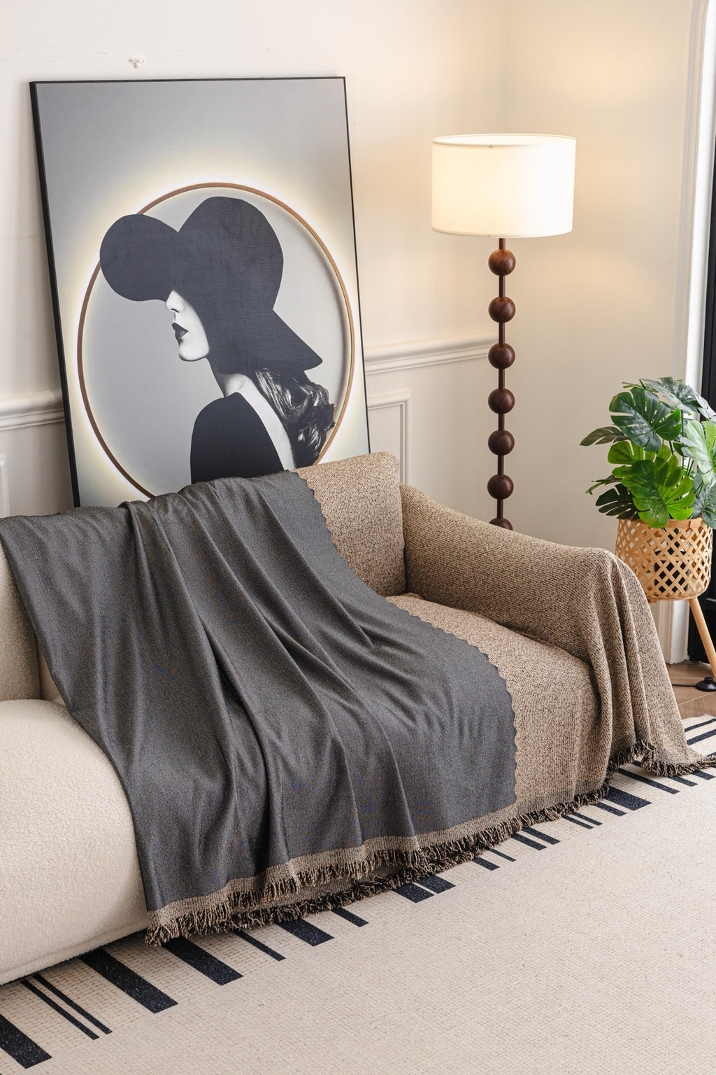 Sofa Decor Como Textured Boucle Fringe Sofa Throw Cover in Charcoal Grey - textured boucle sofa throw cover styled couch cover in Australia, image 2