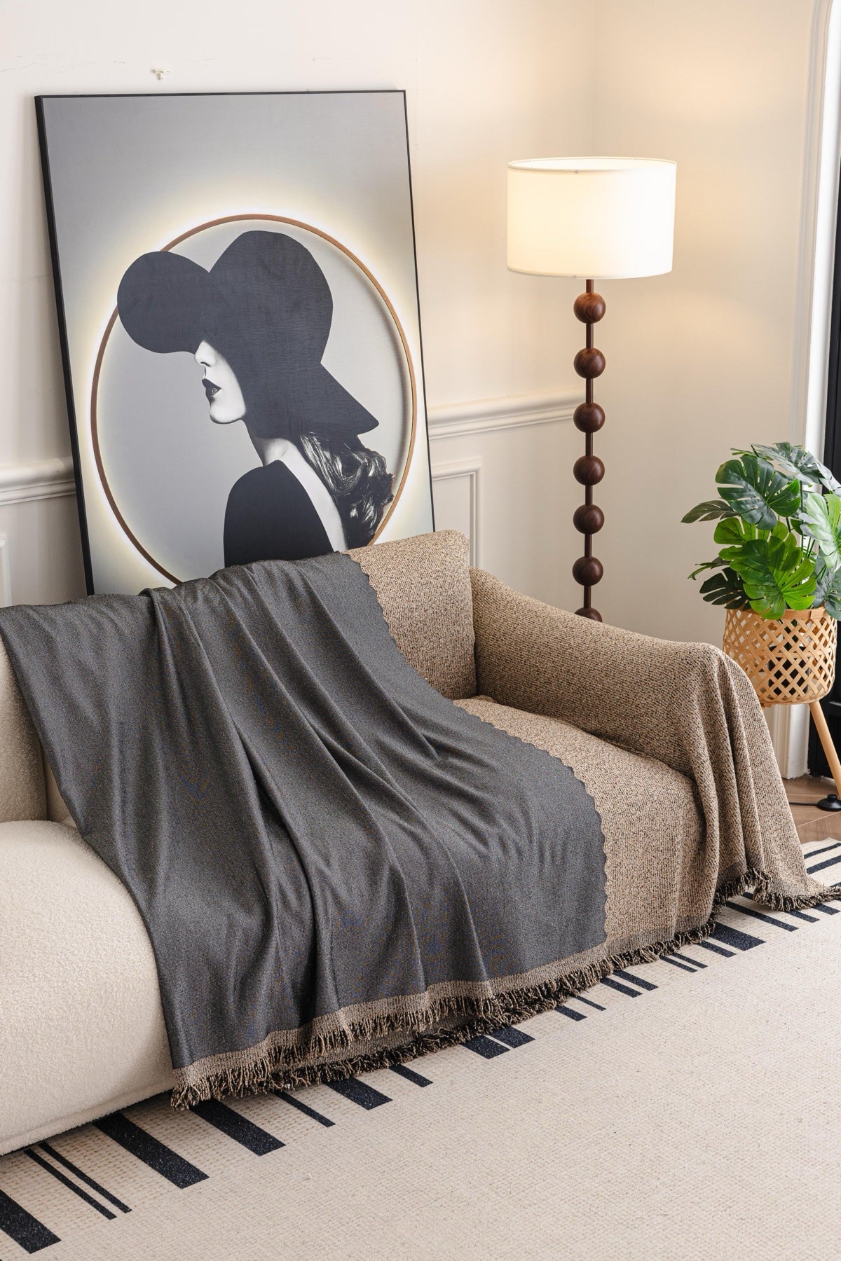 Sofa Decor Como Textured Boucle Fringe Sofa Throw Cover in Charcoal Grey - textured boucle sofa throw cover styled couch cover in Australia, image 2