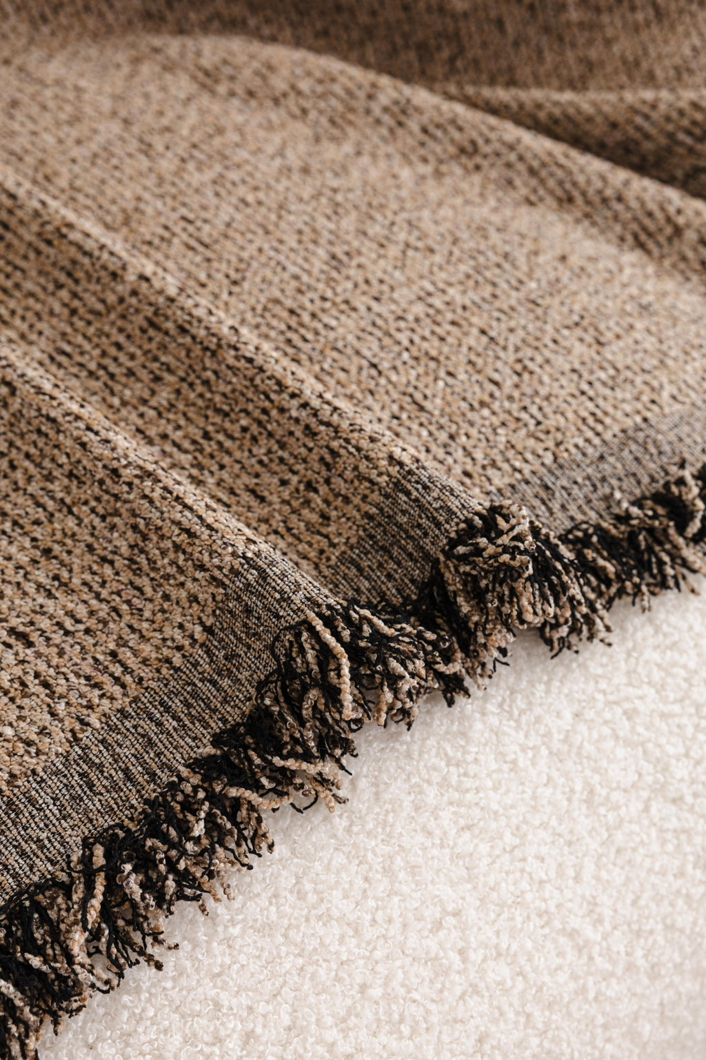 Sofa Decor Como Textured Boucle Fringe Sofa Throw Cover in Warm Taupe - textured boucle sofa throw cover fabric and edge detail in Australia, image 3