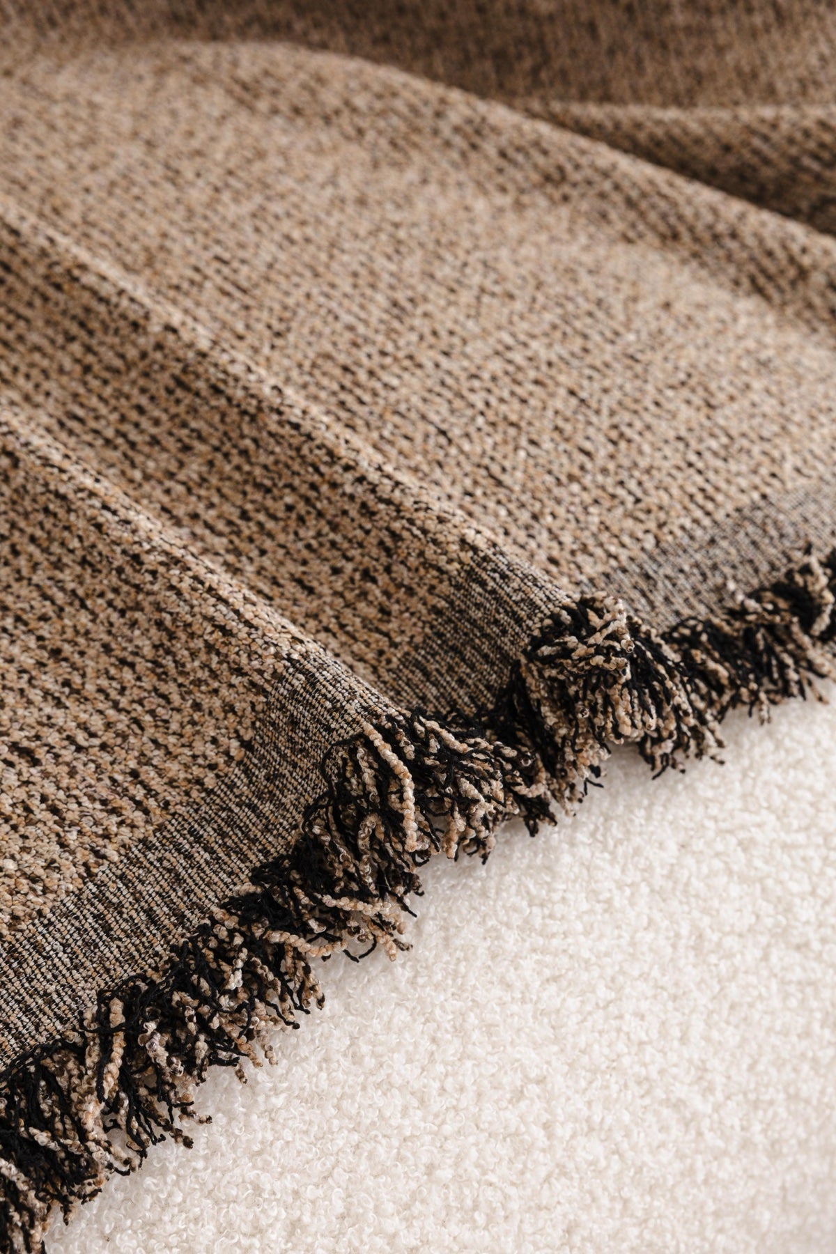Sofa Decor Como Textured Boucle Fringe Sofa Throw Cover in Warm Taupe - textured boucle sofa throw cover fabric and edge detail in Australia, image 3