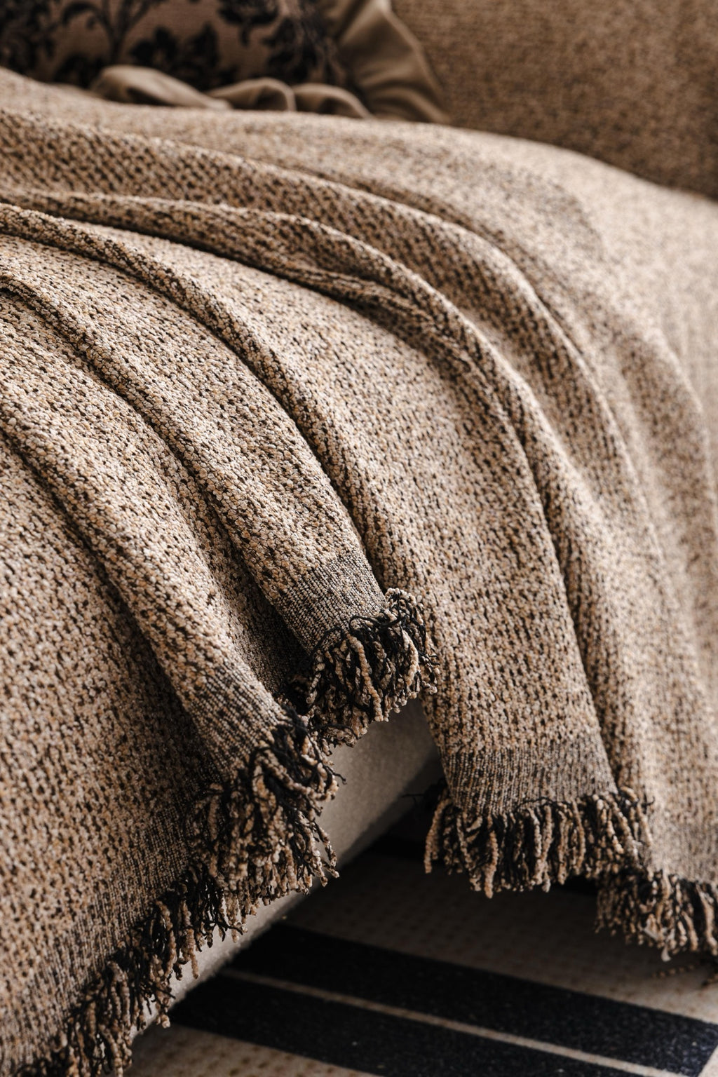 Sofa Decor Como Textured Boucle Fringe Sofa Throw Cover in Warm Taupe - textured boucle sofa throw cover styled couch cover in Australia, image 5