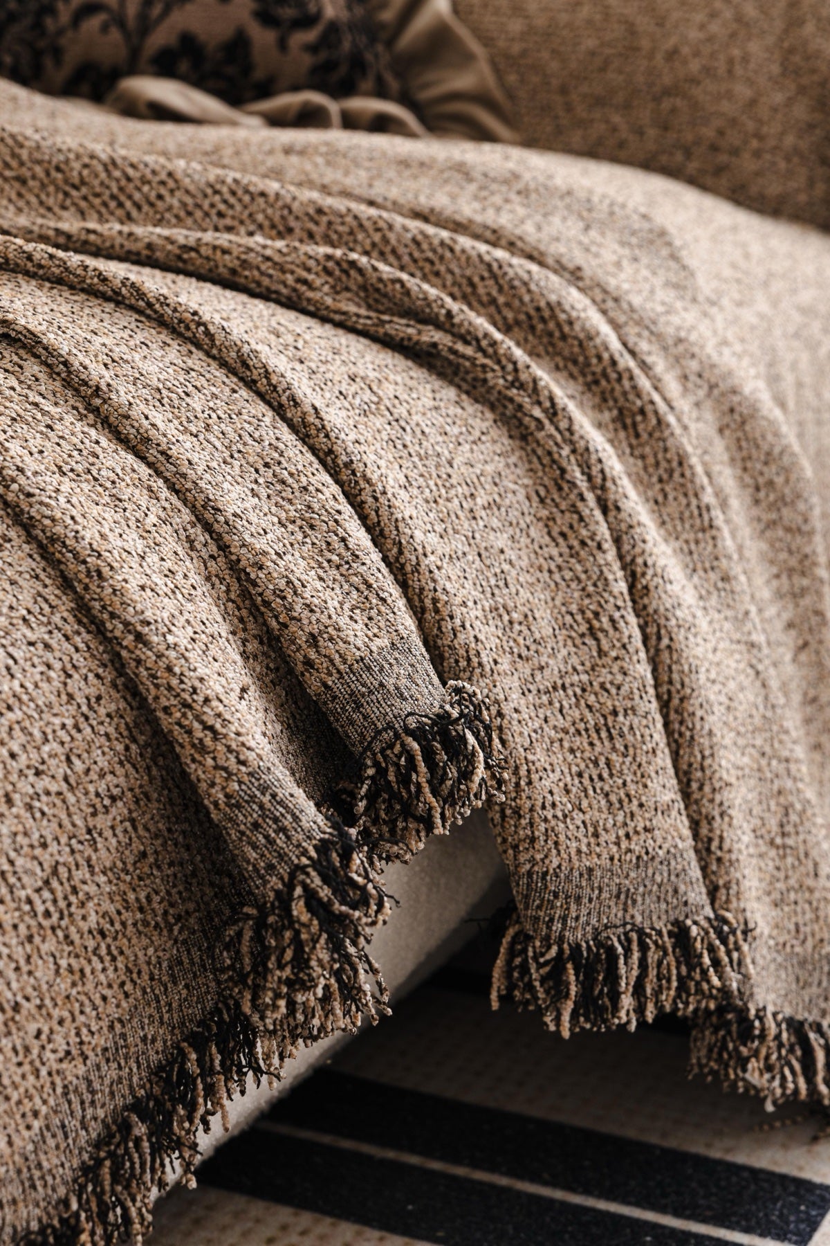 Sofa Decor Como Textured Boucle Fringe Sofa Throw Cover in Warm Taupe - textured boucle sofa throw cover styled couch cover in Australia, image 5