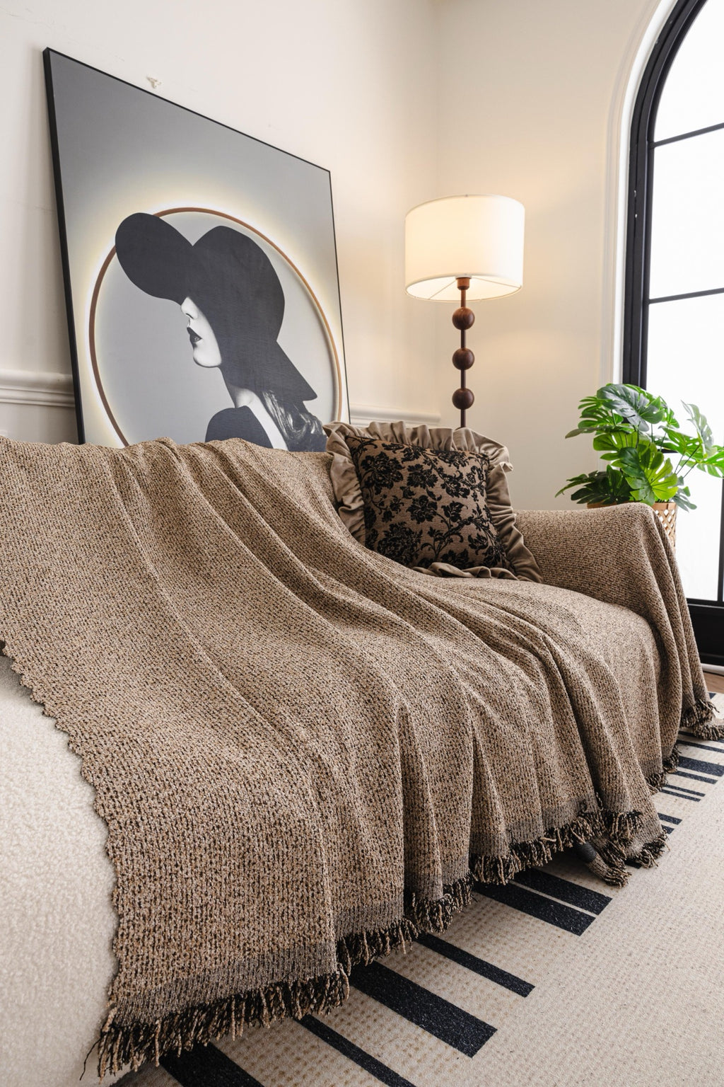 Sofa Decor Como Textured Boucle Fringe Sofa Throw Cover in Warm Taupe - textured boucle sofa throw cover styled couch cover in Australia, image 7