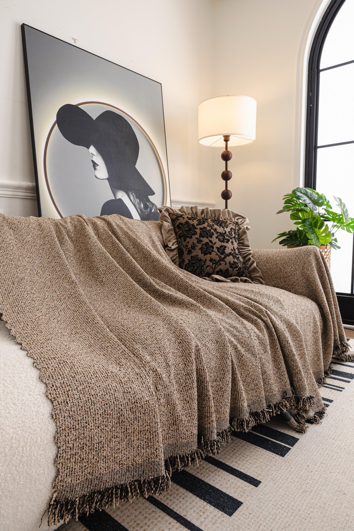 Sofa Decor Como Textured Boucle Fringe Sofa Throw Cover in Warm Taupe - textured boucle sofa throw cover styled couch cover in Australia, image 7