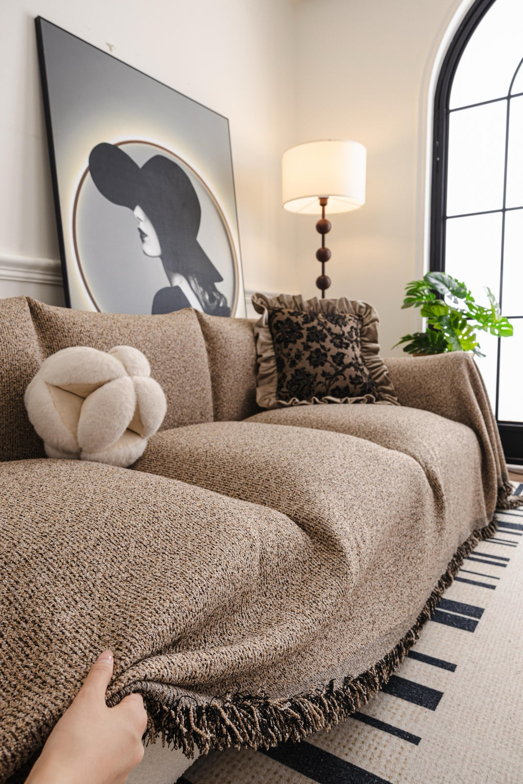 Sofa Decor Como Textured Boucle Fringe Sofa Throw Cover in Warm Taupe - textured boucle sofa throw cover hand and drape closeup in Australia, image 8