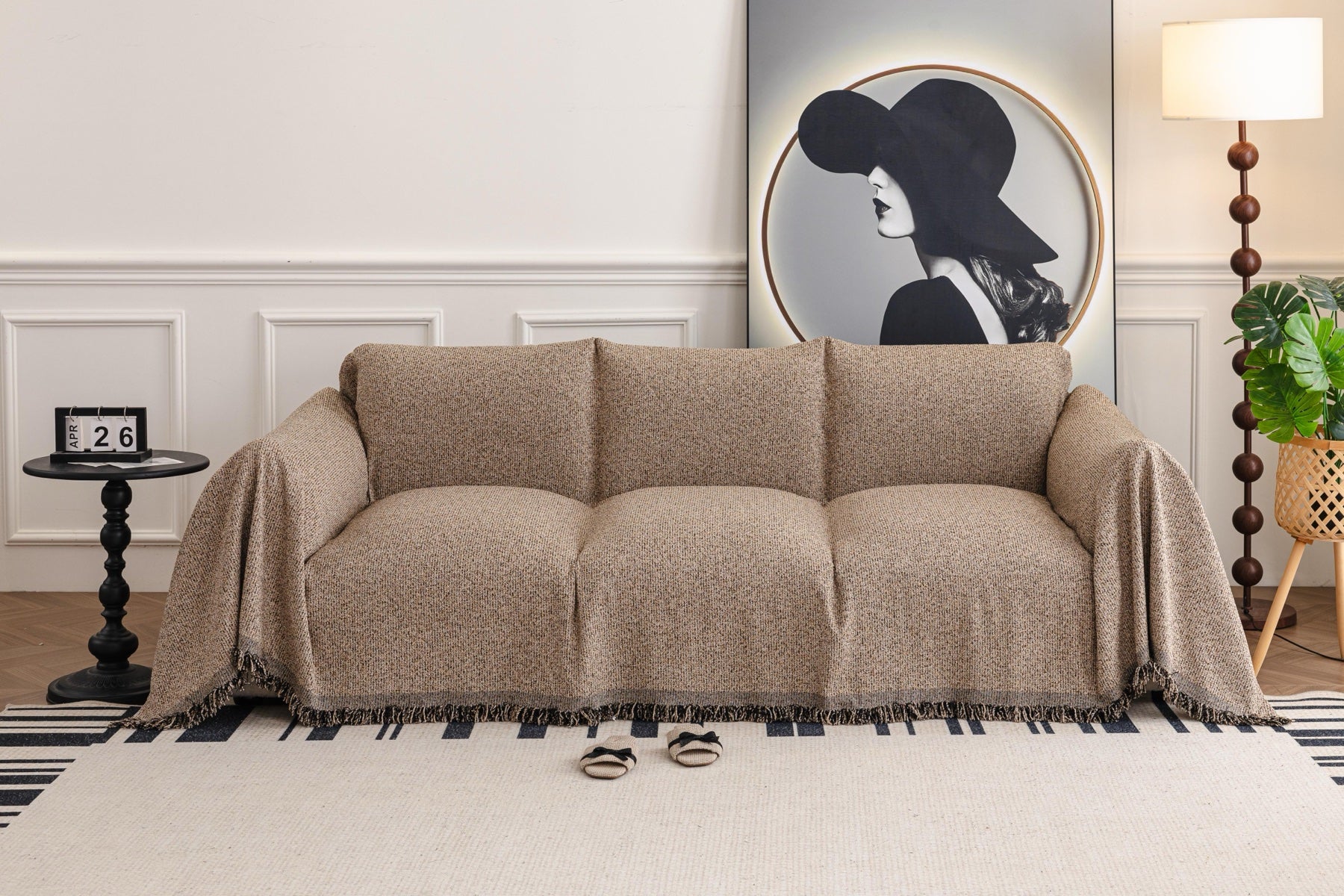 Sofa Decor Como Textured Boucle Fringe Sofa Throw Cover in Warm Taupe - textured boucle sofa throw cover full sofa styling in Australia, image 9