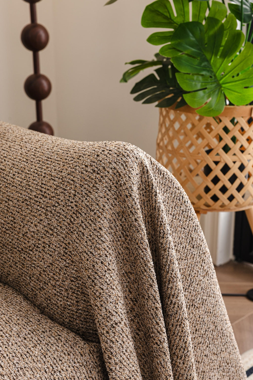 Sofa Decor Como Textured Boucle Fringe Sofa Throw Cover in Warm Taupe - textured boucle sofa throw cover styled couch cover in Australia, image 12