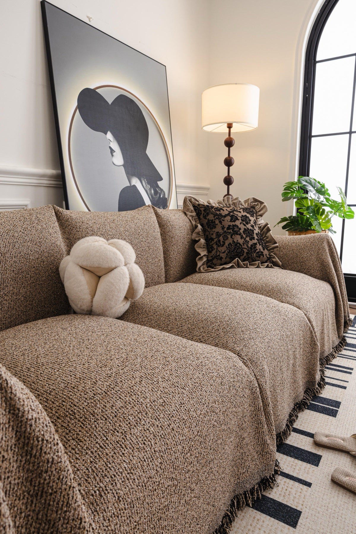 Sofa Decor Como Textured Boucle Fringe Sofa Throw Cover in Warm Taupe - textured boucle sofa throw cover styled couch cover in Australia, image 13