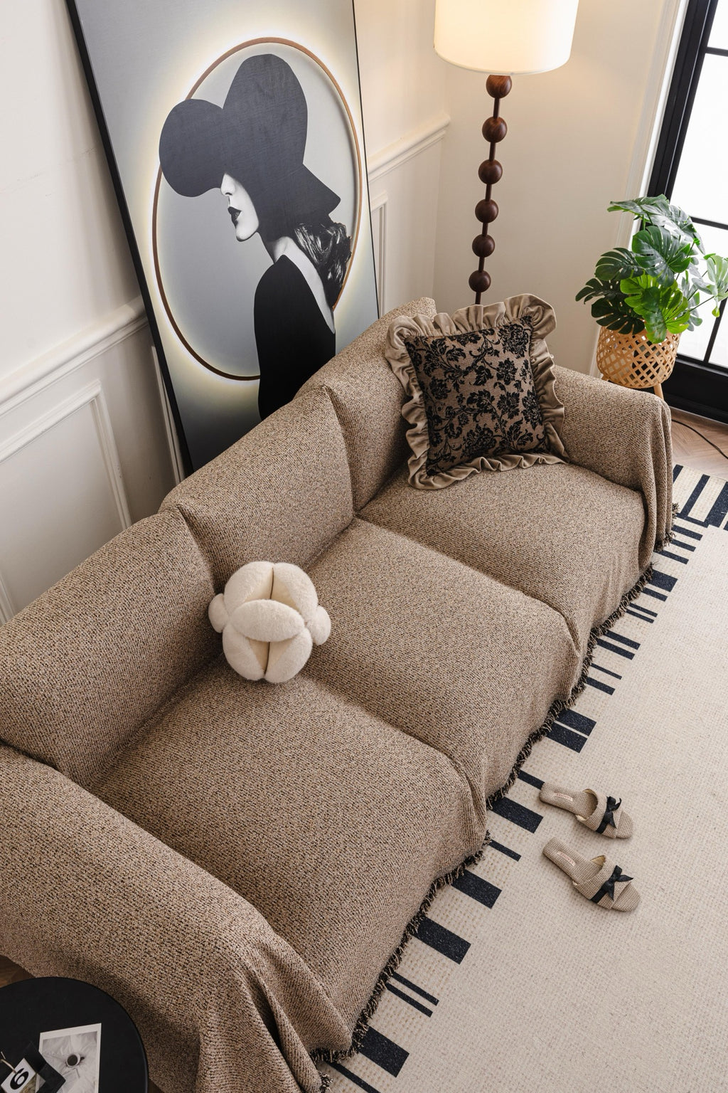 Sofa Decor Como Textured Boucle Fringe Sofa Throw Cover in Warm Taupe - textured boucle sofa throw cover styled couch cover in Australia, image 14