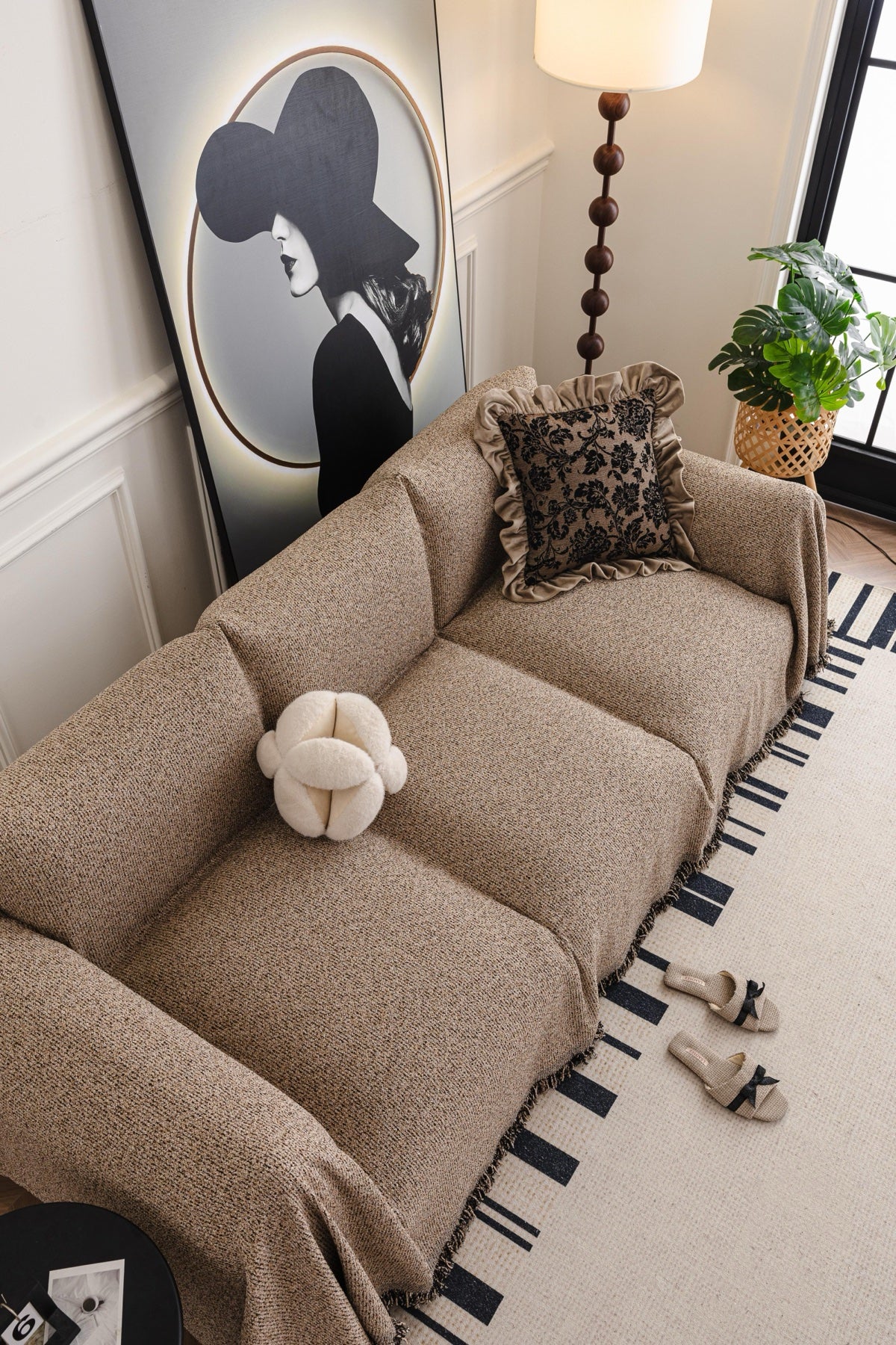 Sofa Decor Como Textured Boucle Fringe Sofa Throw Cover in Warm Taupe - textured boucle sofa throw cover styled couch cover in Australia, image 14
