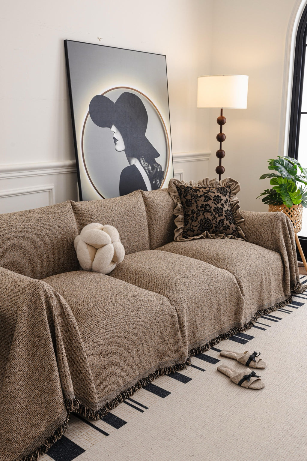 Sofa Decor Como Textured Boucle Fringe Sofa Throw Cover in Warm Taupe - textured boucle sofa throw cover styled couch cover in Australia, image 15