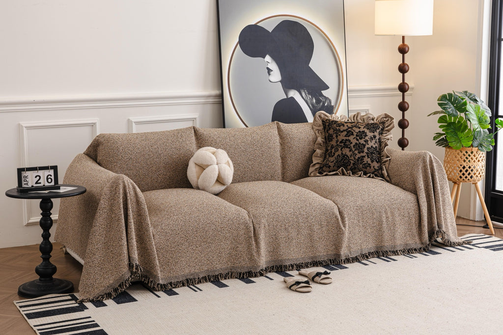 Sofa Decor Como Textured Boucle Fringe Sofa Throw Cover in Warm Taupe - textured boucle sofa throw cover full sofa styling in Australia, image 16