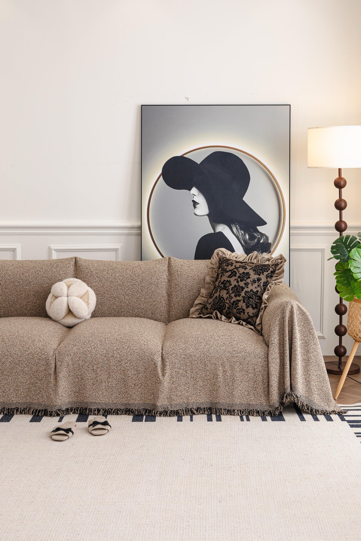 Sofa Decor Como Textured Boucle Fringe Sofa Throw Cover in Warm Taupe - textured boucle sofa throw cover styled couch cover in Australia, image 17