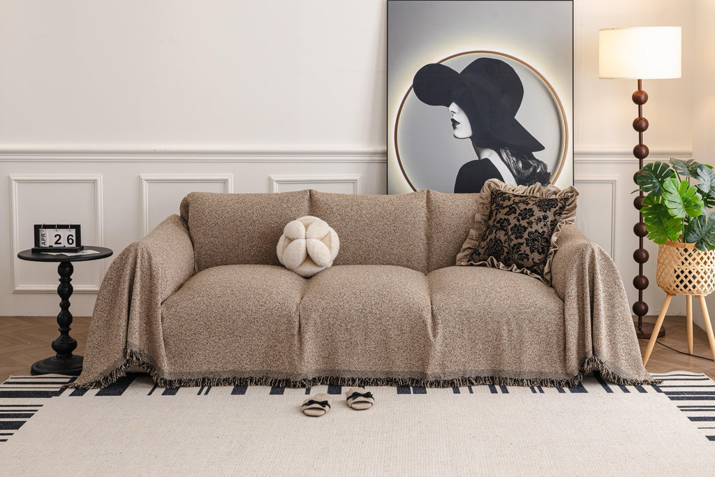 Sofa Decor Como Textured Boucle Fringe Sofa Throw Cover in Warm Taupe - textured boucle sofa throw cover full sofa styling in Australia, image 18
