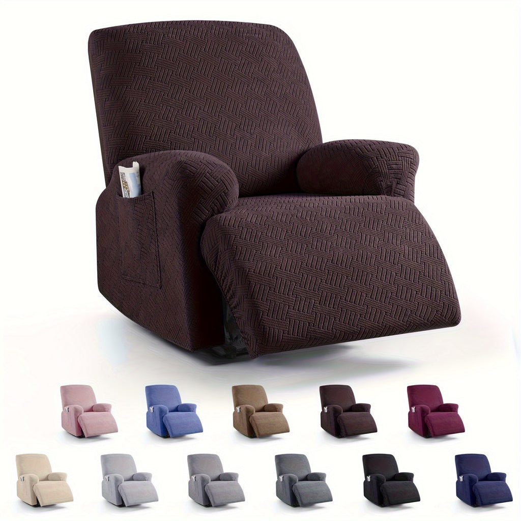 Spicy Striped Espresso Greyson cover shown on a single recliner chair with a raised footrest, above colour examples