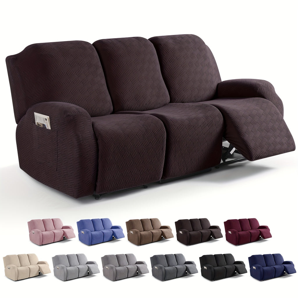 Spicy Striped Espresso Greyson cover shown on a three-seat reclining sofa with a raised footrest, above colour examples