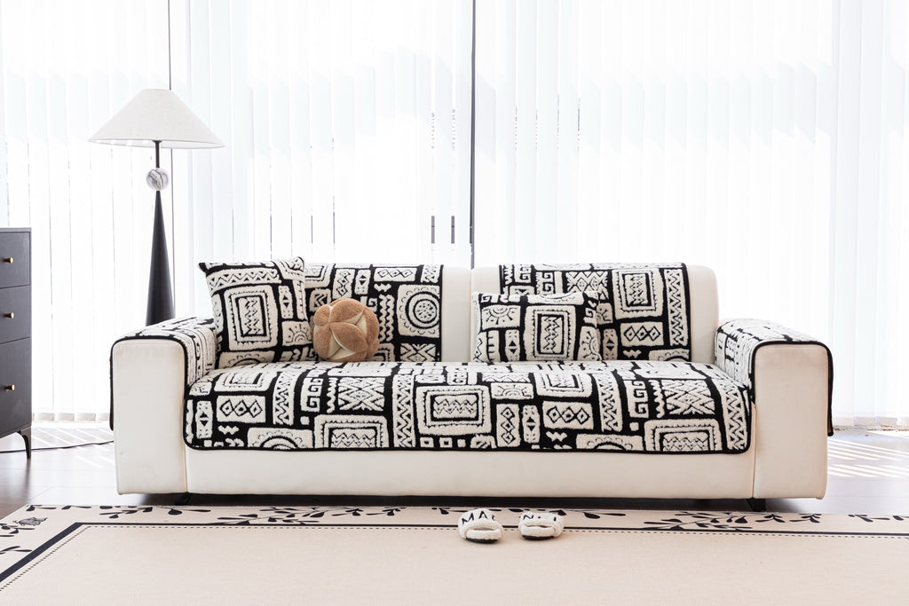 Sofa Decor Elara Geometric Plush Sofa Seat Cover in Black Ivory - lifestyle image for geometric plush couch cover pieces in Australia