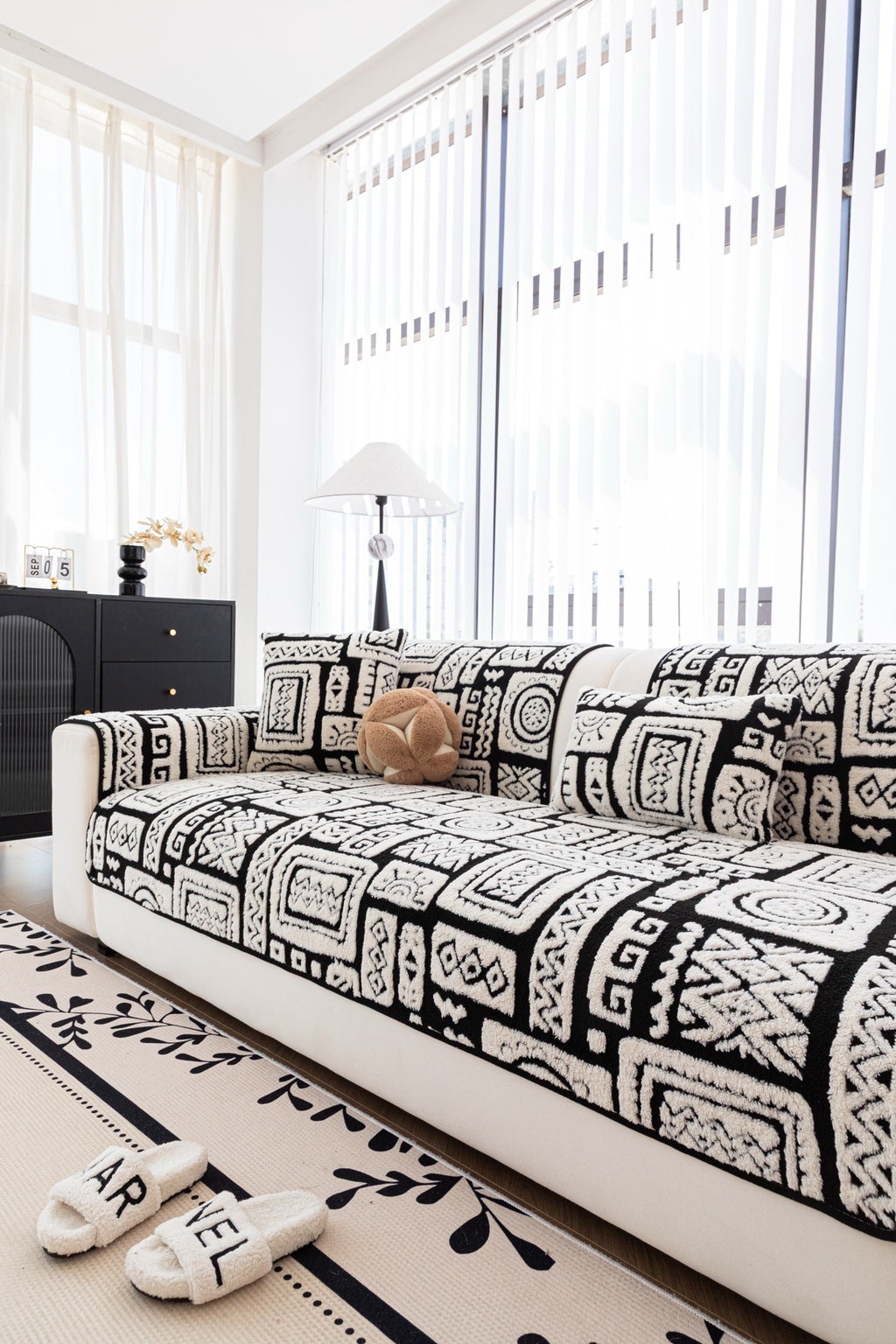 Sofa Decor Elara Geometric Plush Sofa Seat Cover in Black Ivory - detail image for geometric plush couch cover pieces in Australia
