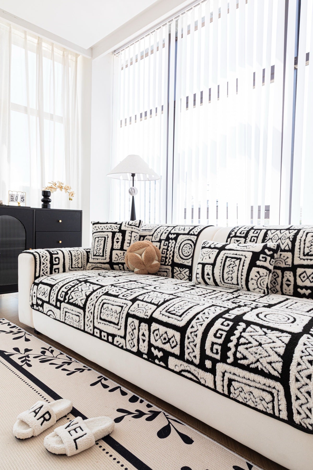 Sofa Decor Elara Geometric Plush Sofa Seat Cover in Black Ivory - detail image for geometric plush couch cover pieces in Australia