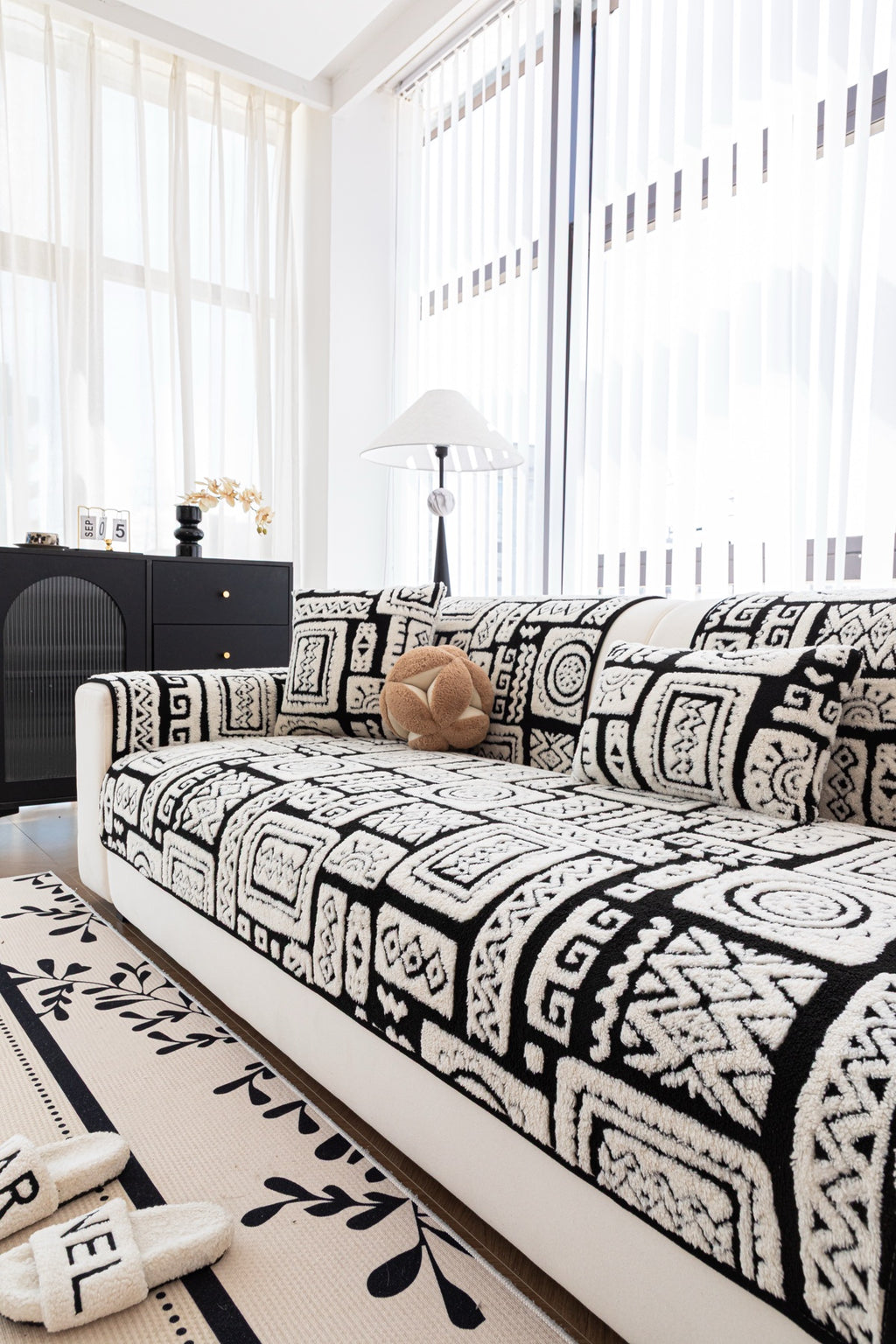 Sofa Decor Elara Geometric Plush Sofa Seat Cover in Black Ivory - detail image for geometric plush couch cover pieces in Australia