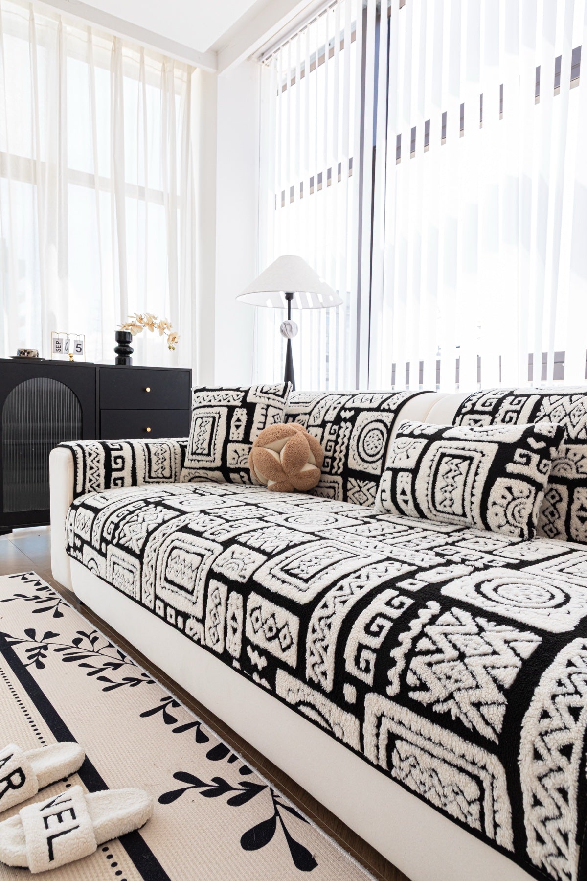 Sofa Decor Elara Geometric Plush Sofa Seat Cover in Black Ivory - detail image for geometric plush couch cover pieces in Australia