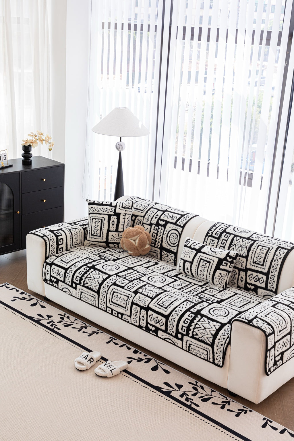 Sofa Decor Elara Geometric Plush Sofa Seat Cover in Black Ivory - detail image for geometric plush couch cover pieces in Australia