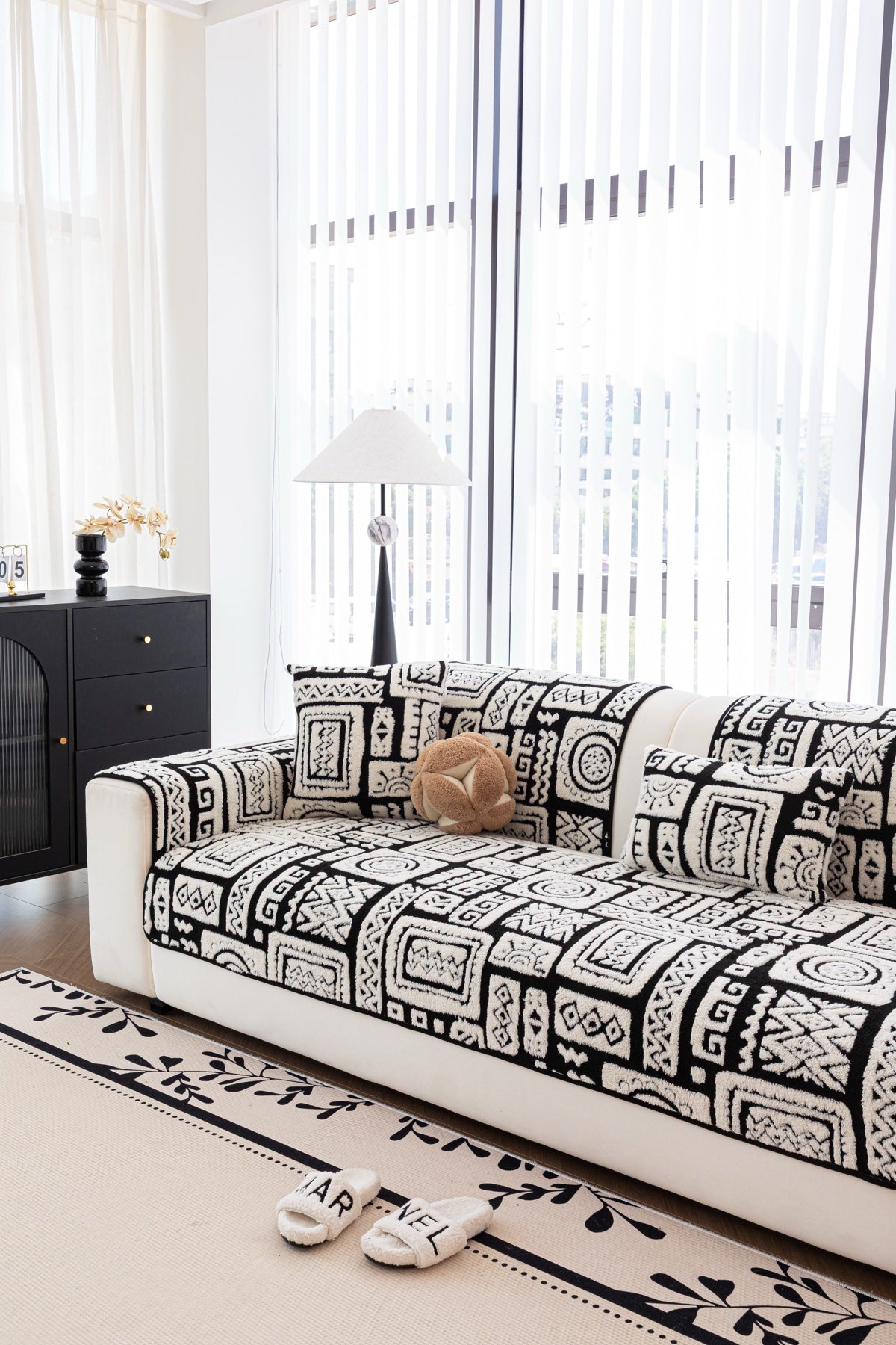 Sofa Decor Elara Geometric Plush Sofa Seat Cover in Black Ivory - detail image for geometric plush couch cover pieces in Australia