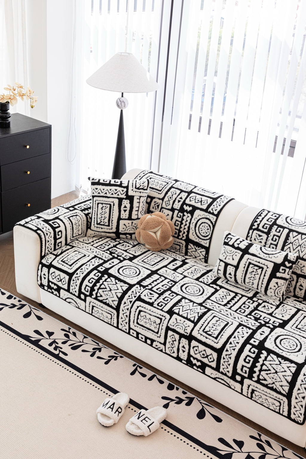 Sofa Decor Elara Geometric Plush Sofa Seat Cover in Black Ivory - detail image for geometric plush couch cover pieces in Australia