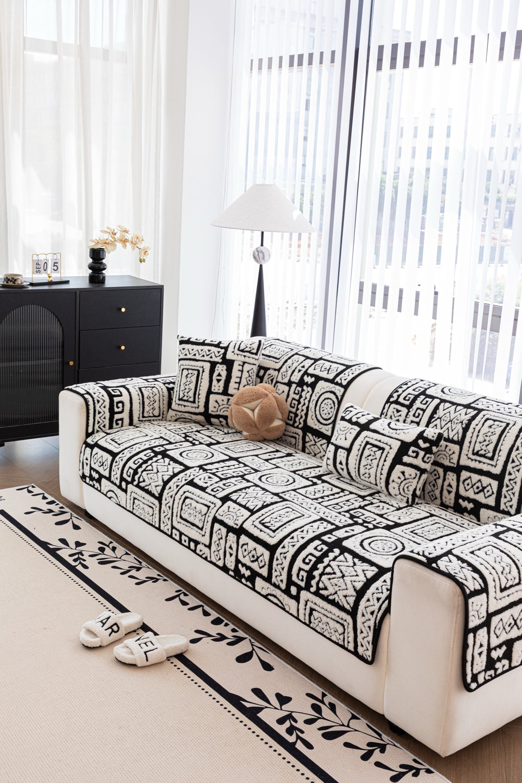 Sofa Decor Elara Geometric Plush Sofa Seat Cover in Black Ivory - detail image for geometric plush couch cover pieces in Australia