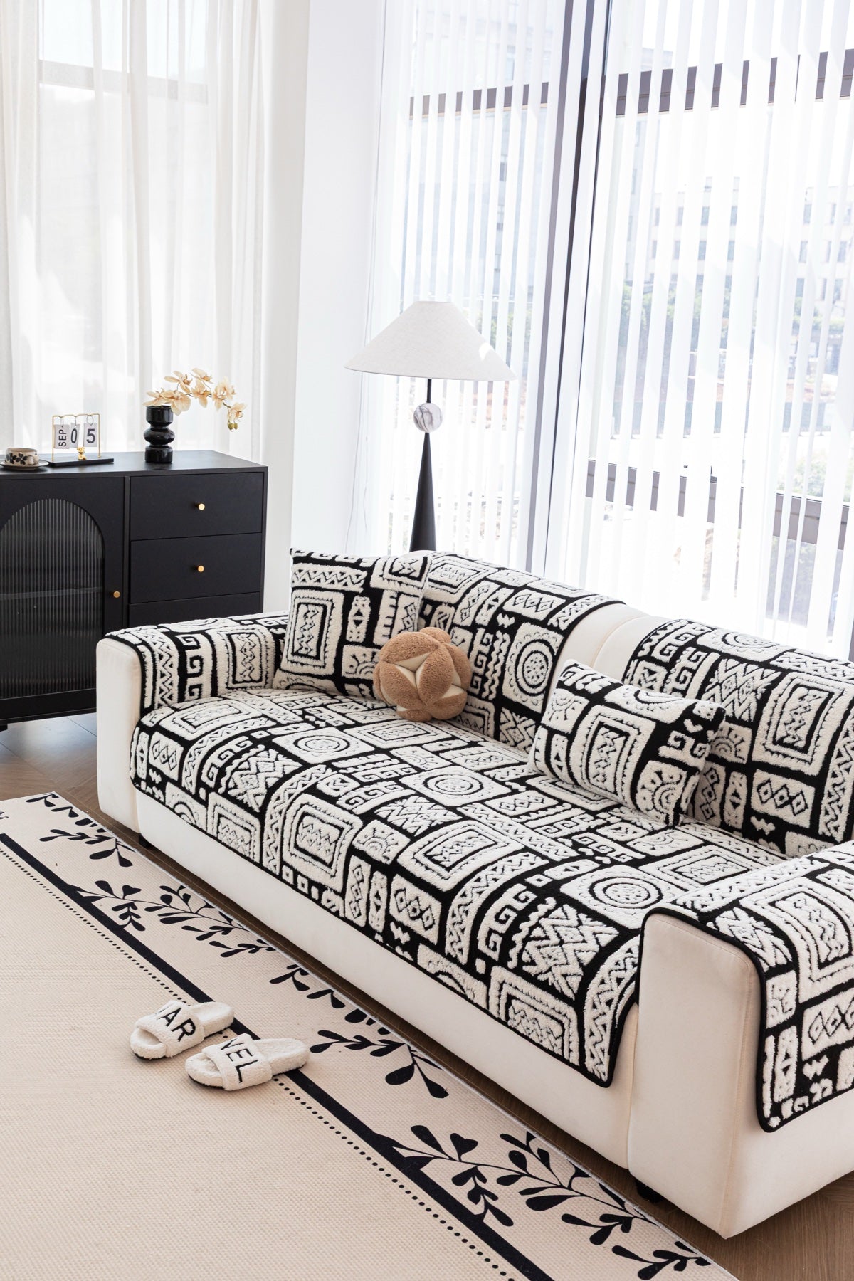 Sofa Decor Elara Geometric Plush Sofa Seat Cover in Black Ivory - detail image for geometric plush couch cover pieces in Australia