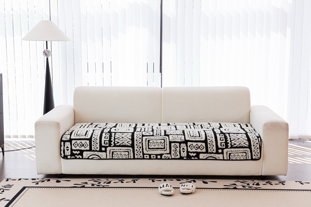 Sofa Decor Elara Geometric Plush Sofa Seat Cover in Black Ivory - detail image for geometric plush couch cover pieces in Australia